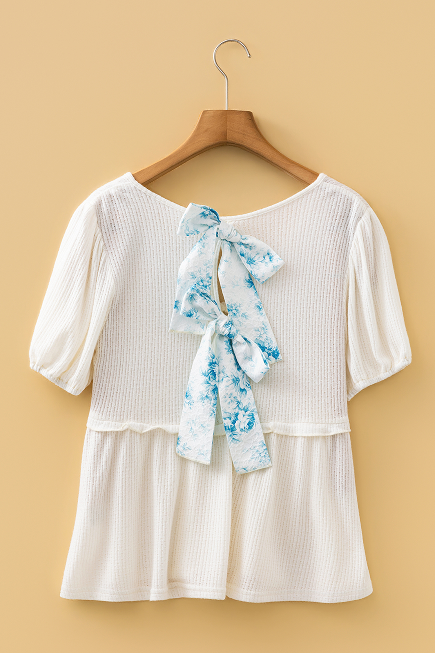 White Textured Knit V Neck Short Bubble Sleeve Peplum Top view 9