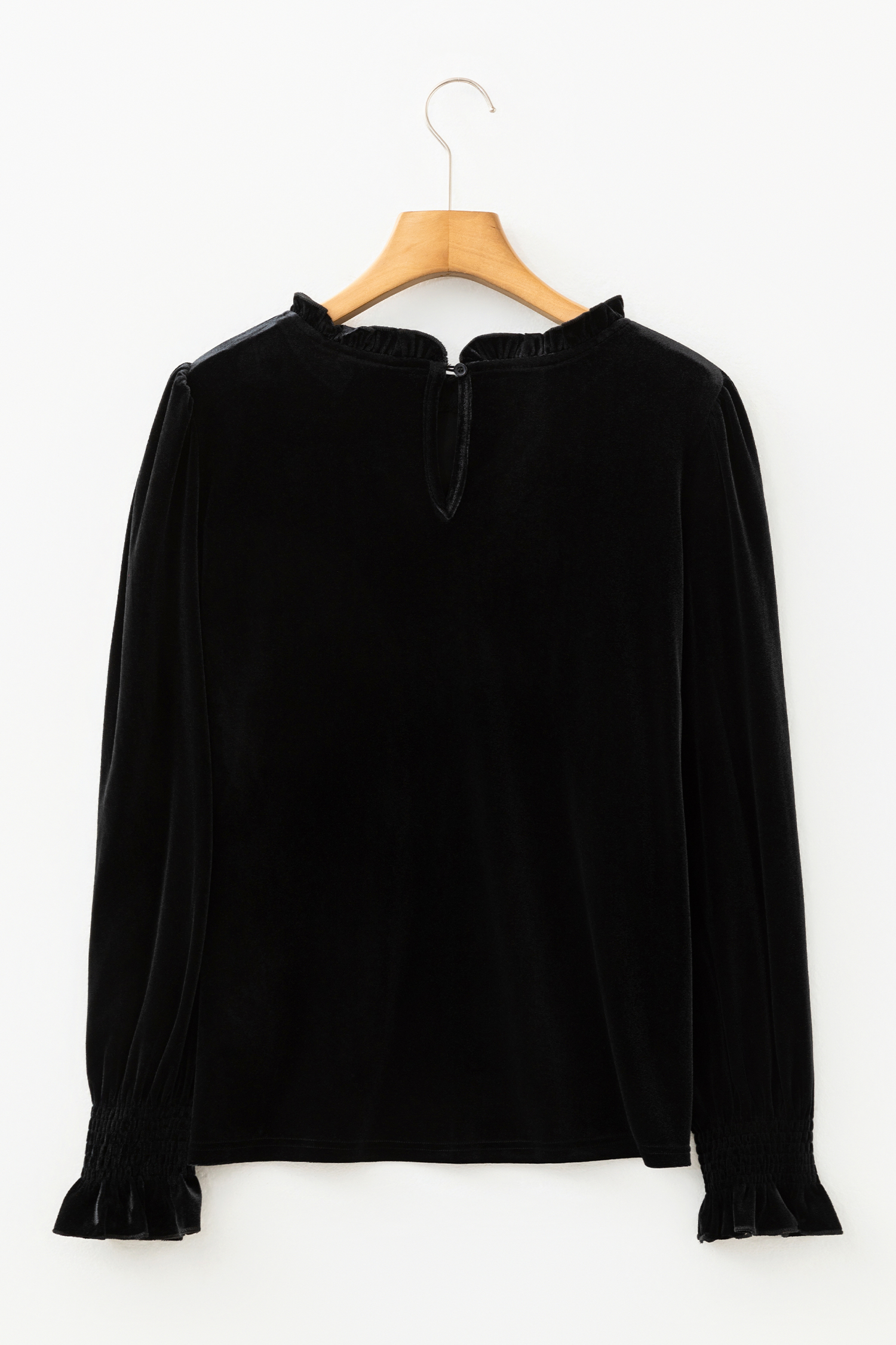 Black Frilled Collared Smocked Cuffs Puff Sleeve Velvet Blouse view 7
