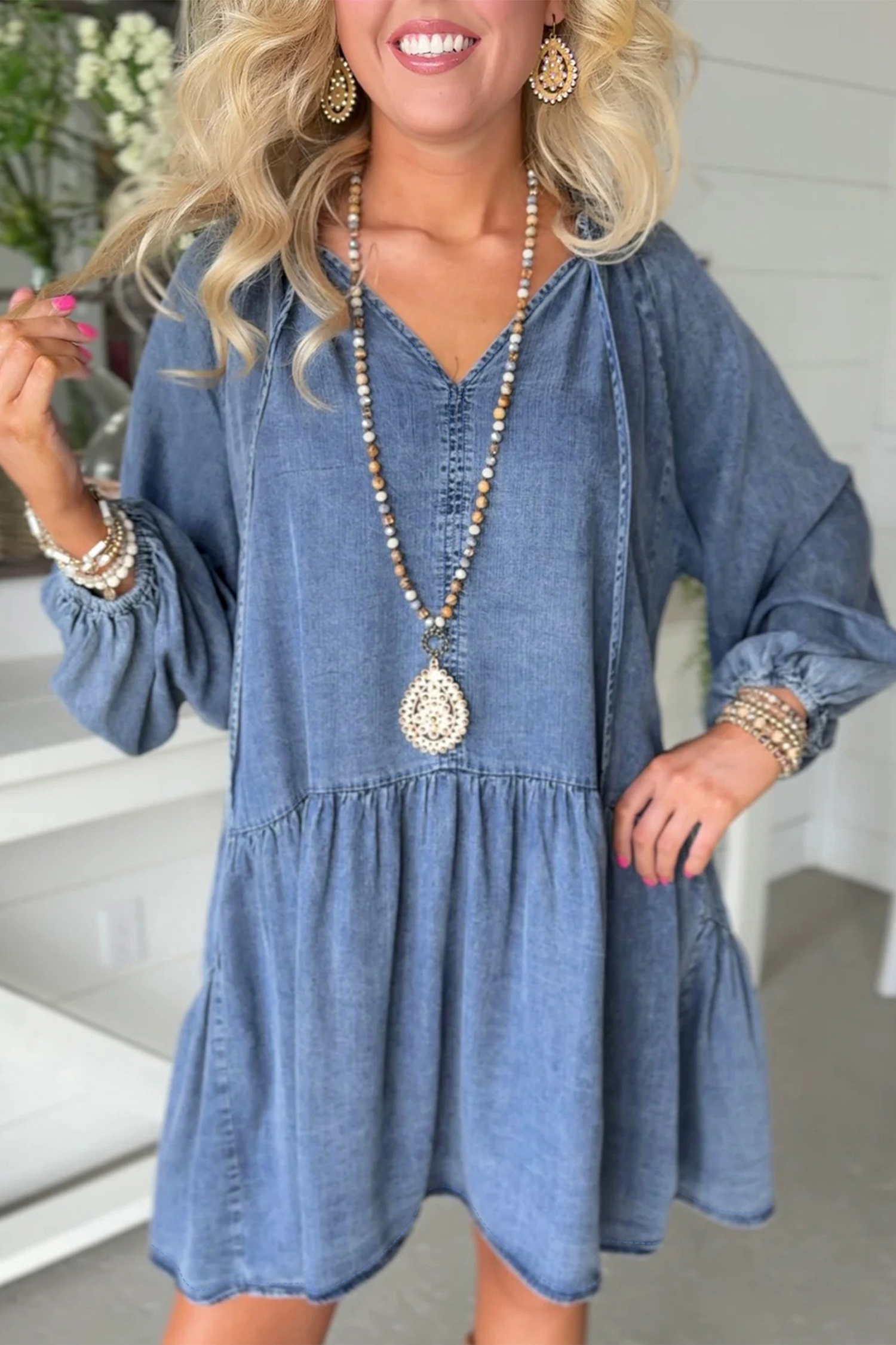 Myosotis Puff Sleeve V Neck Ruffled Loose Denim Mini Dress view 12