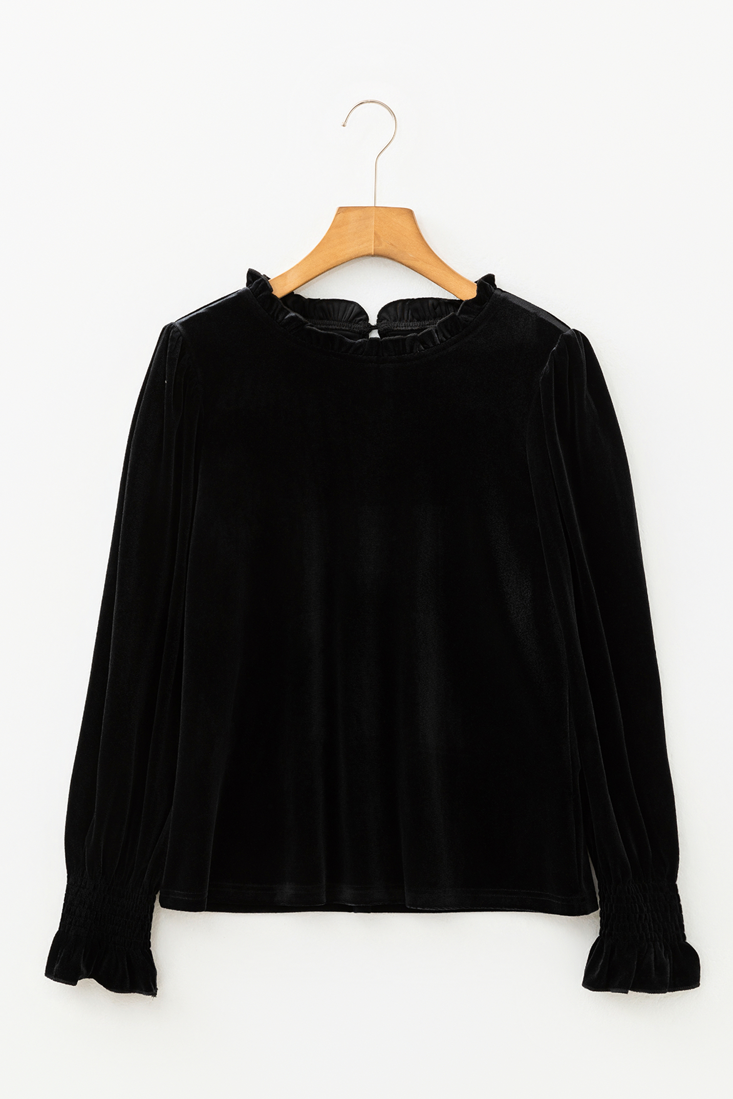 Black Frilled Collared Smocked Cuffs Puff Sleeve Velvet Blouse view 6