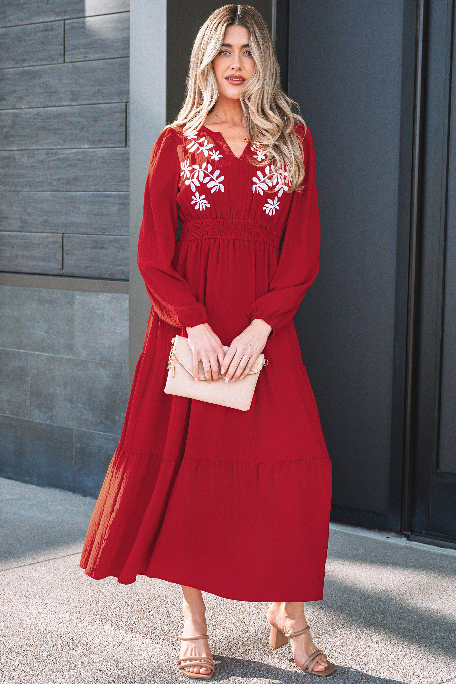 Racing Red Contrast Embroidered Detail Cinched Waist Tiered Long Sleeve Maxi Dress view 5