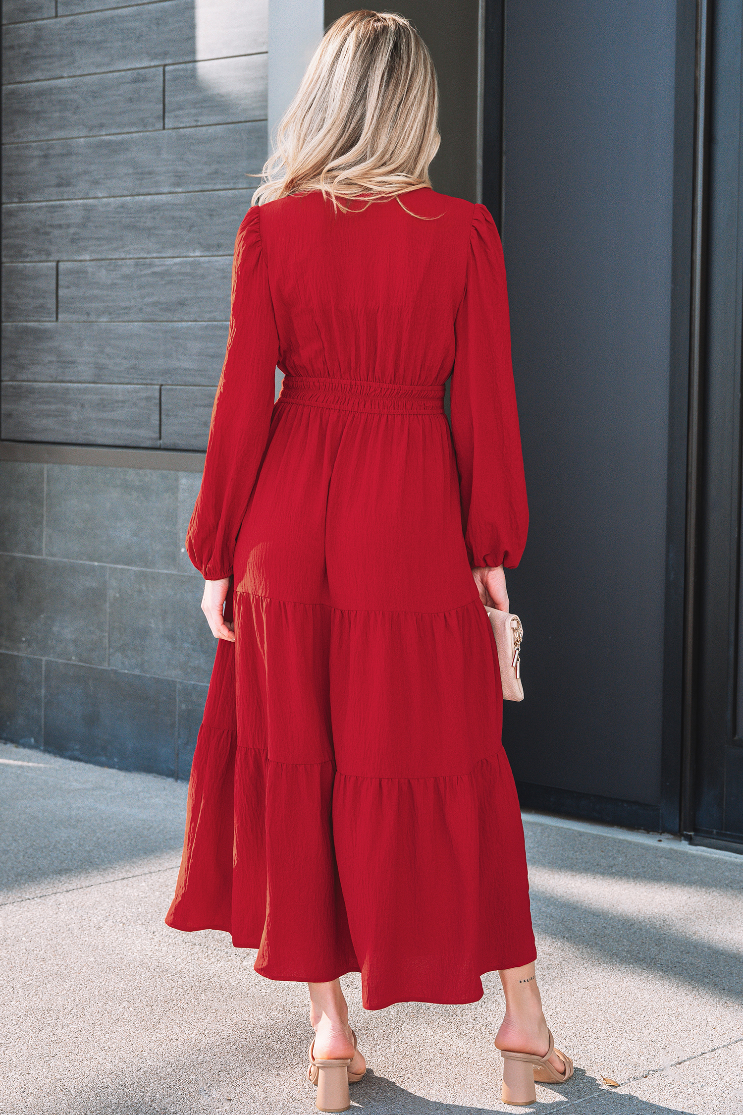 Racing Red Contrast Embroidered Detail Cinched Waist Tiered Long Sleeve Maxi Dress view 2