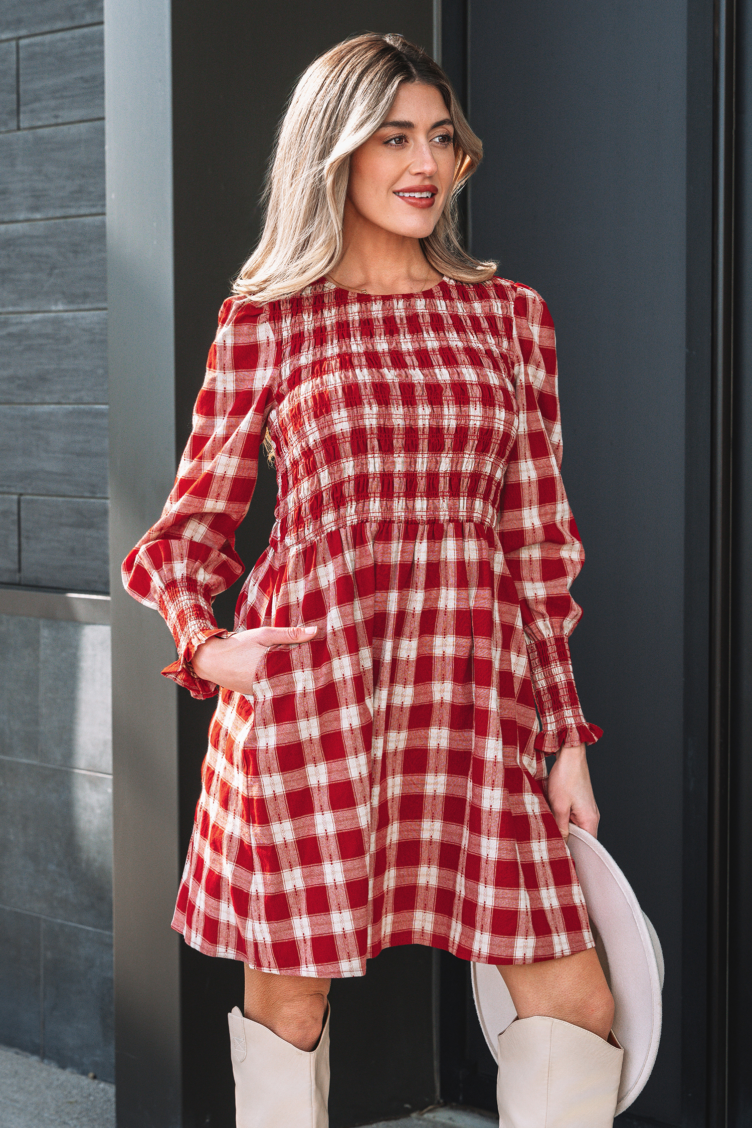 Red Plaid Print Smocked Puff Sleeve Mini Dress view 6