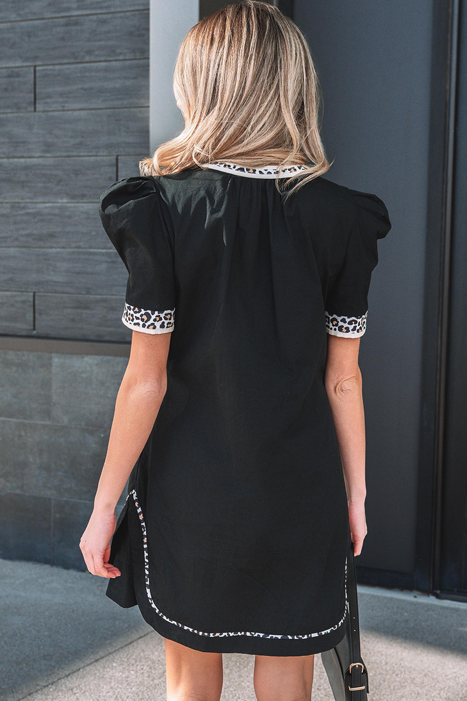 Black Leopard Trim Notched Neck Short Puff Sleeve Shift Mini Dress view 2
