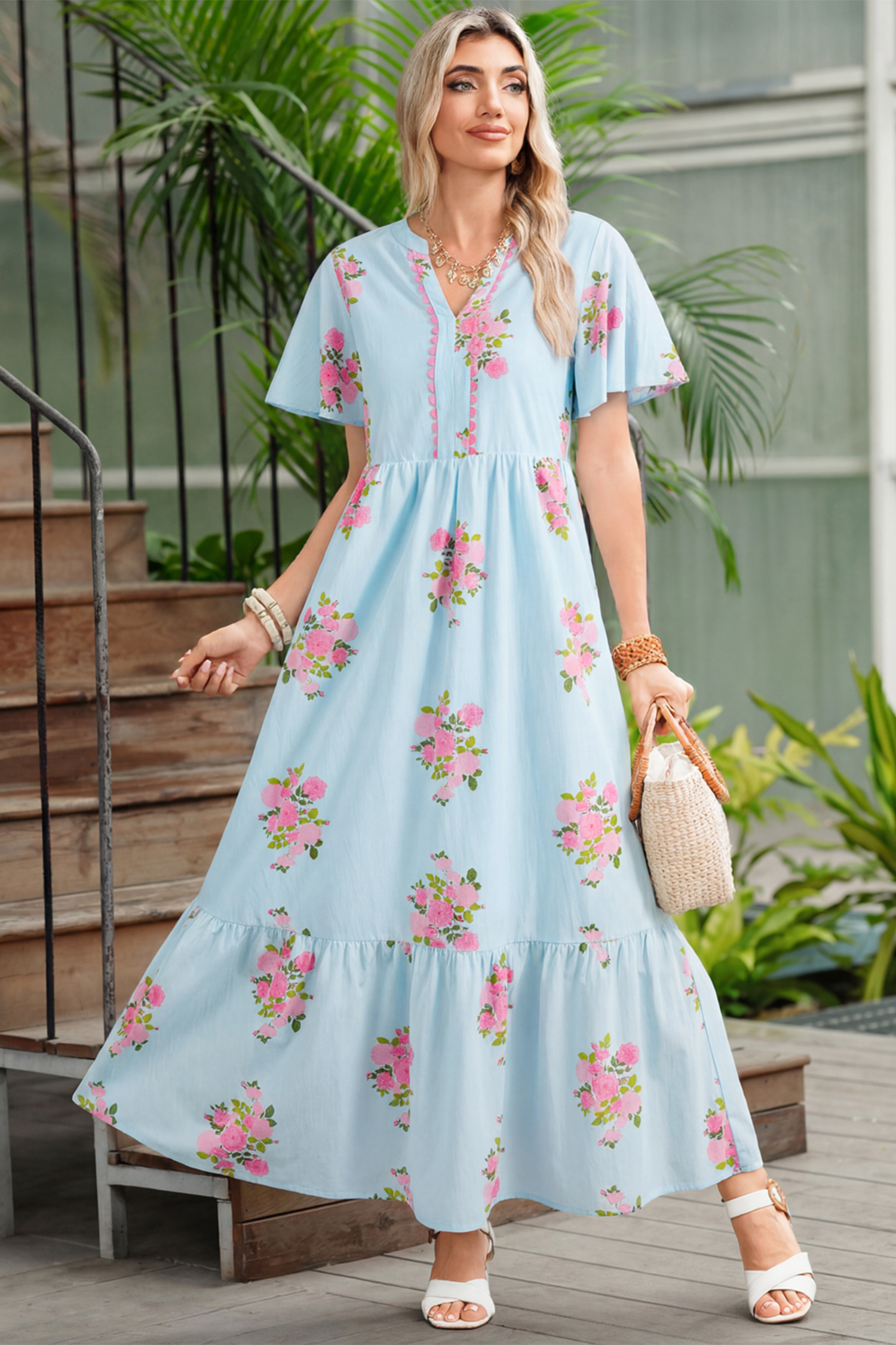 Sky Blue Notched Neck Flutter Short Sleeve Floral Print Maxi Dress view 11