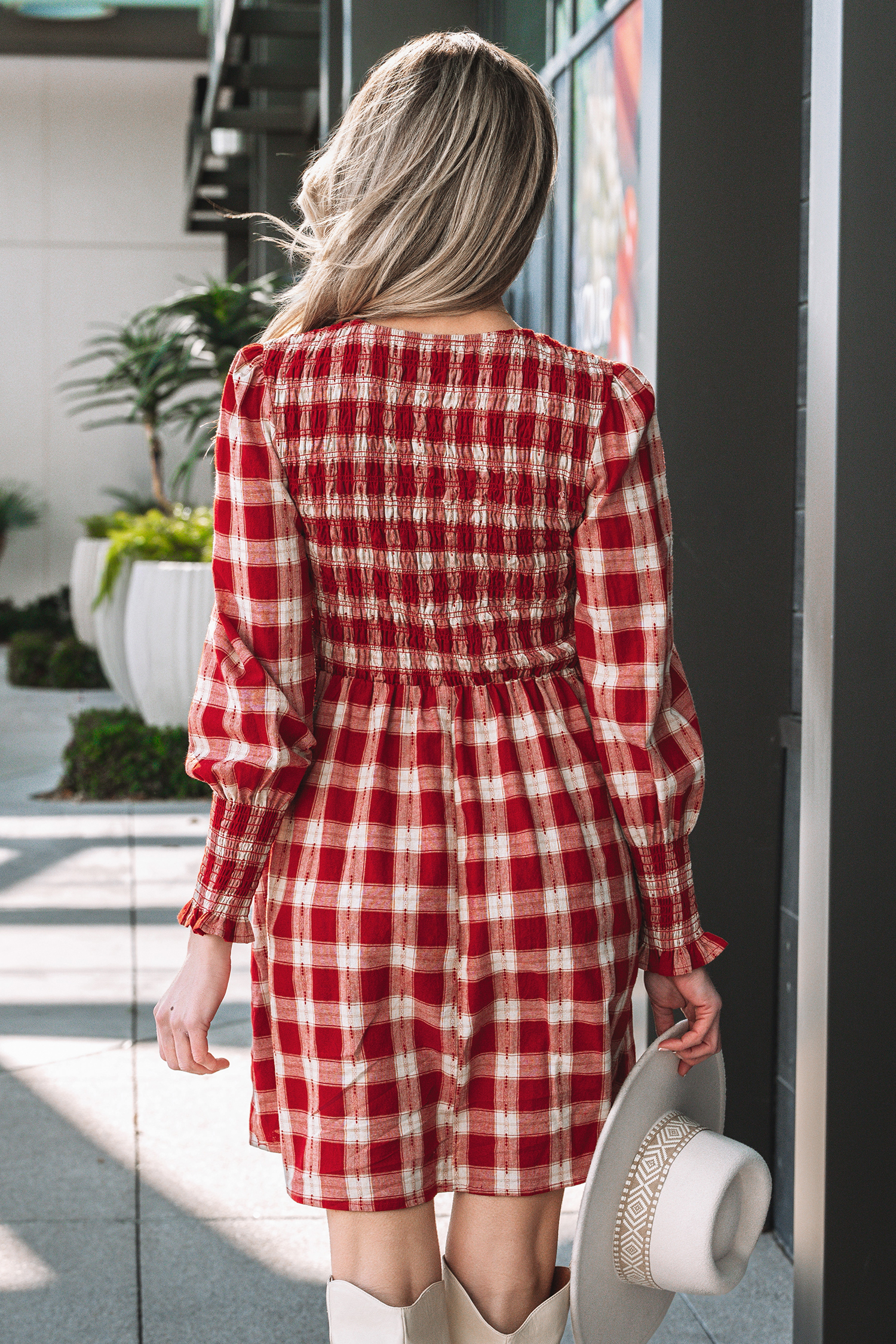 Red Plaid Print Smocked Puff Sleeve Mini Dress view 2