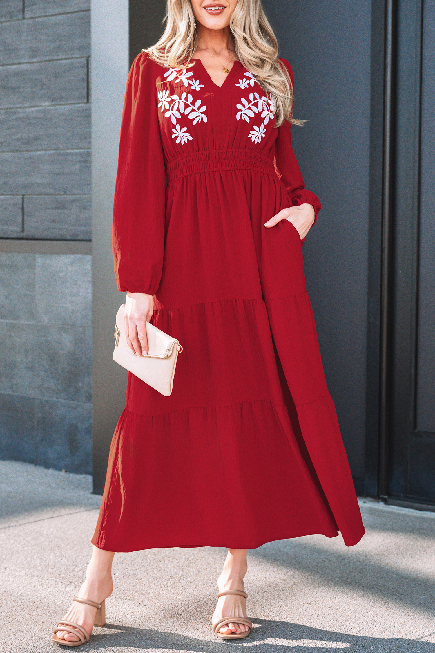 Racing Red Contrast Embroidered Detail Cinched Waist Tiered Long Sleeve Maxi Dress view 7