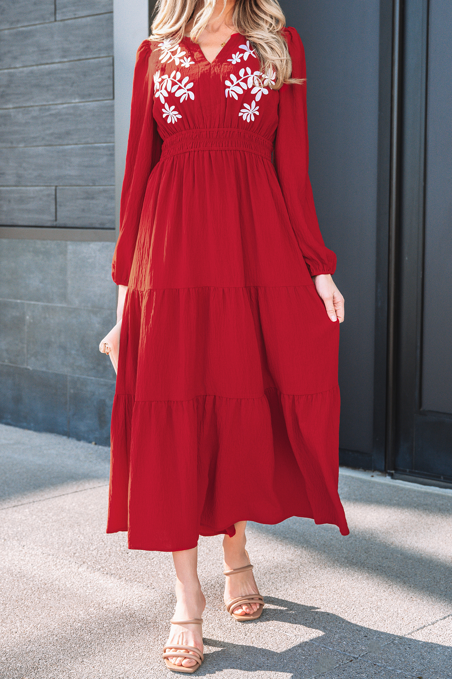 Racing Red Contrast Embroidered Detail Cinched Waist Tiered Long Sleeve Maxi Dress view 6