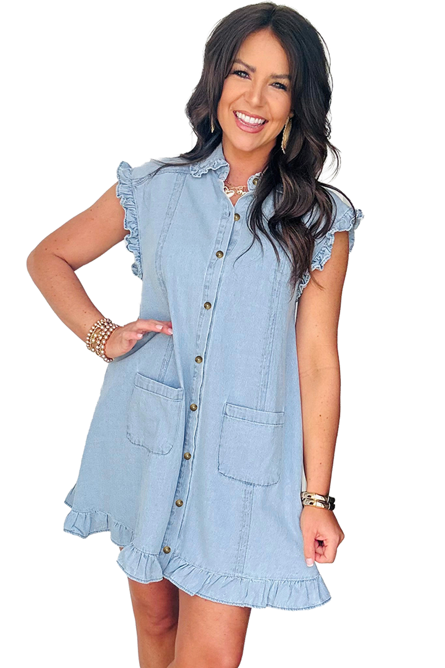 Beau Blue Ruffled Edge Collared Shift Denim Dress with Pockets view 23