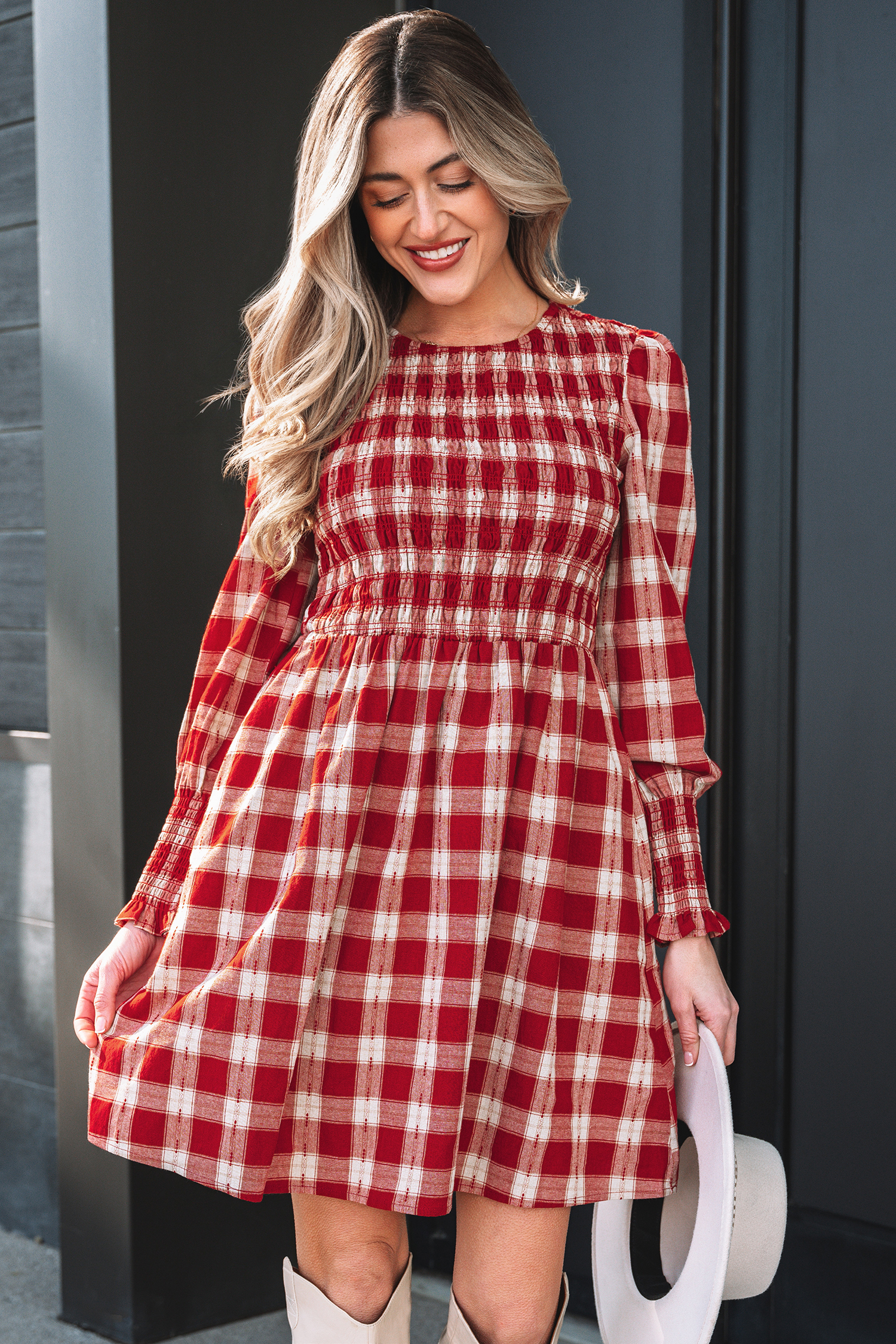 Red Plaid Print Smocked Puff Sleeve Mini Dress view 3