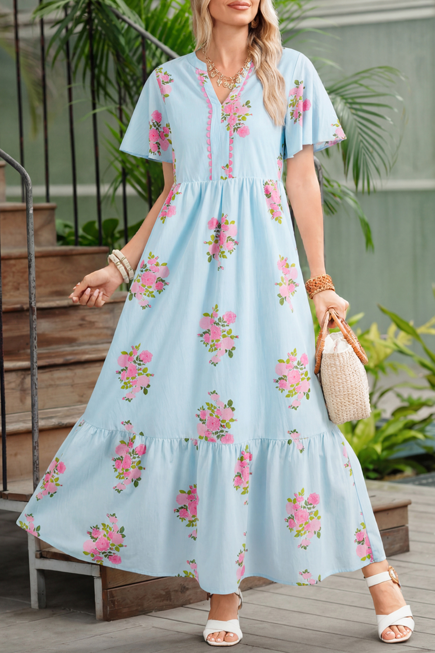 Sky Blue Notched Neck Flutter Short Sleeve Floral Print Maxi Dress view 9