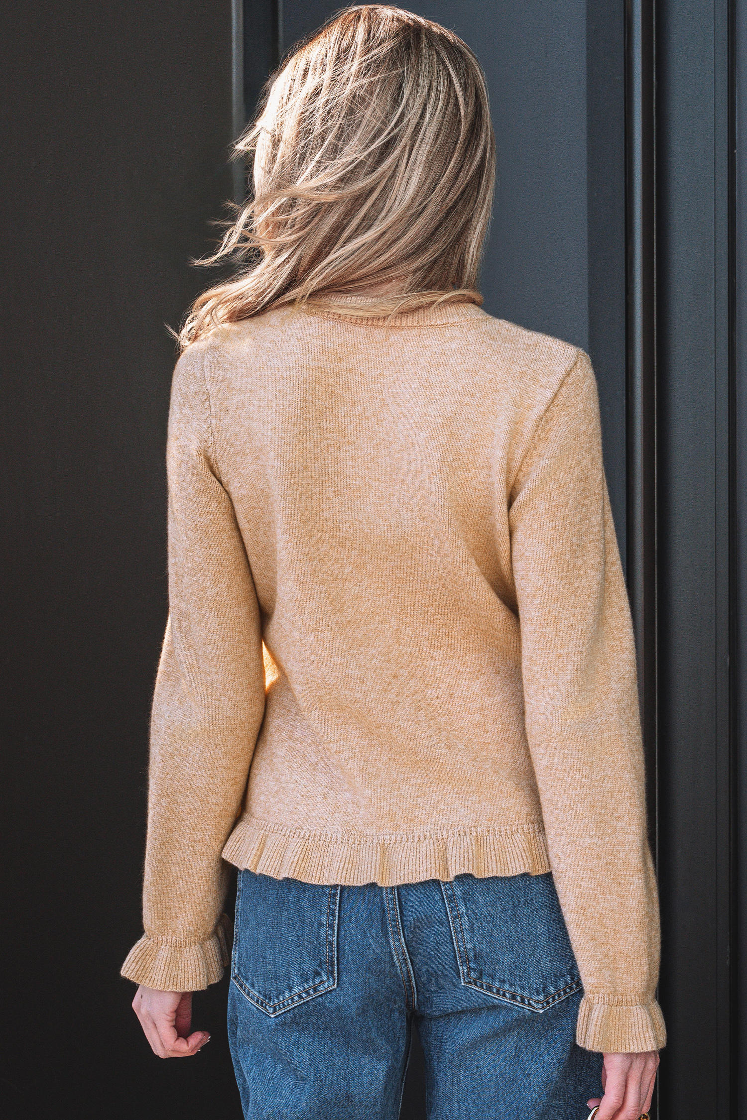 Oatmeal Ruffle Trim Gold Button Sweater Cardigan view 2
