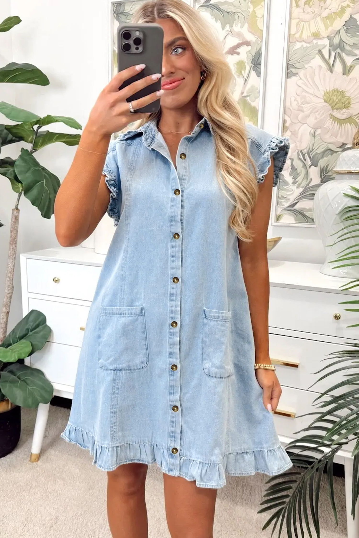 Beau Blue Ruffled Edge Collared Shift Denim Dress with Pockets view 9
