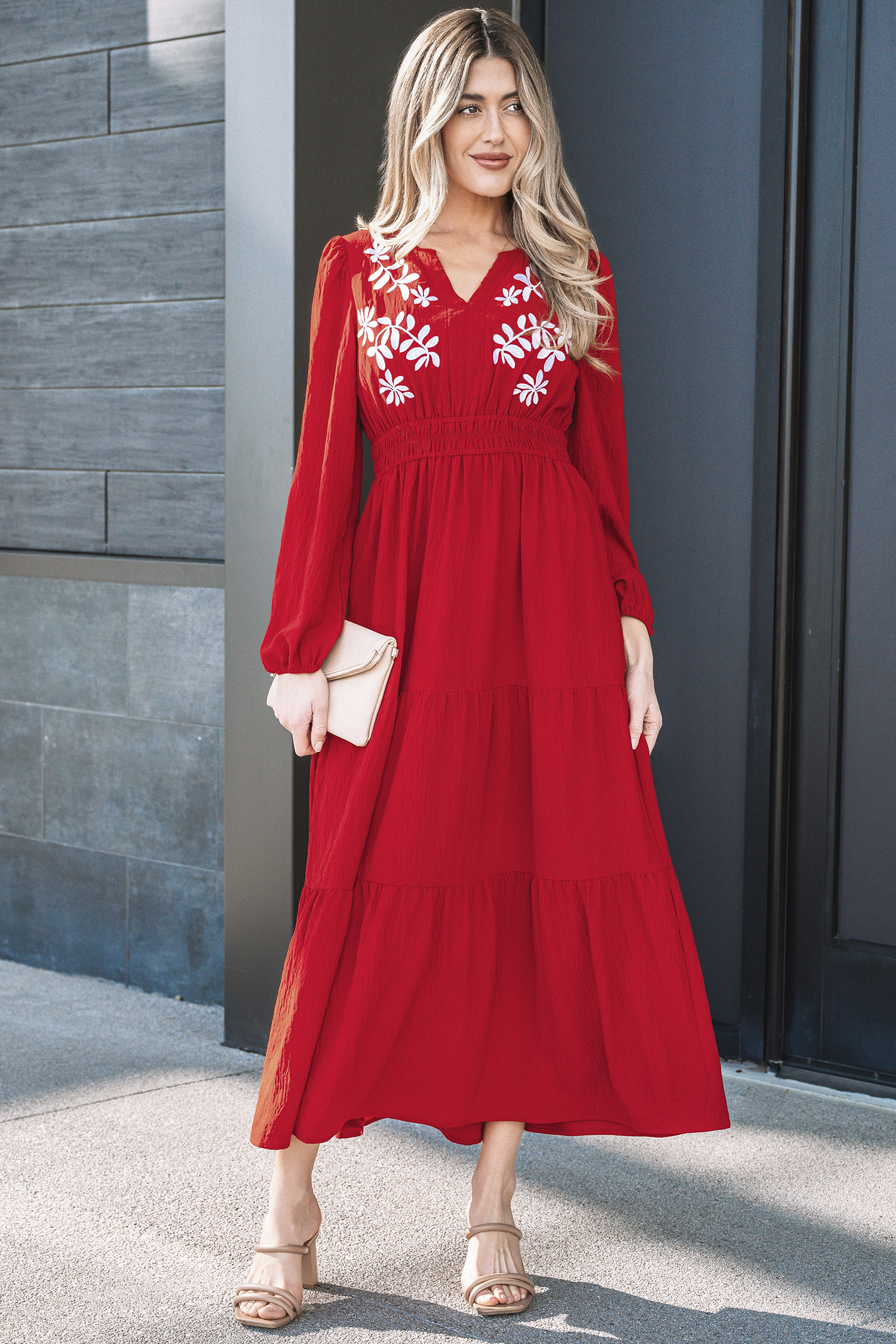 Racing Red Contrast Embroidered Detail Cinched Waist Tiered Long Sleeve Maxi Dress view 4