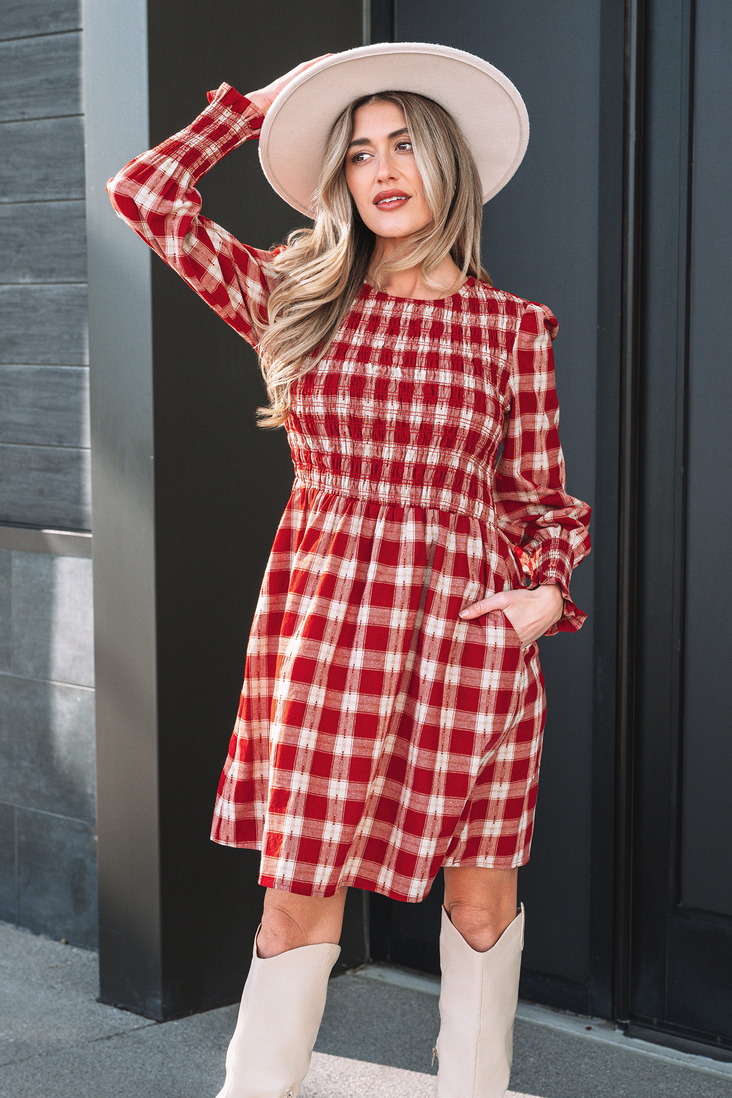 Red Plaid Print Smocked Puff Sleeve Mini Dress view 5