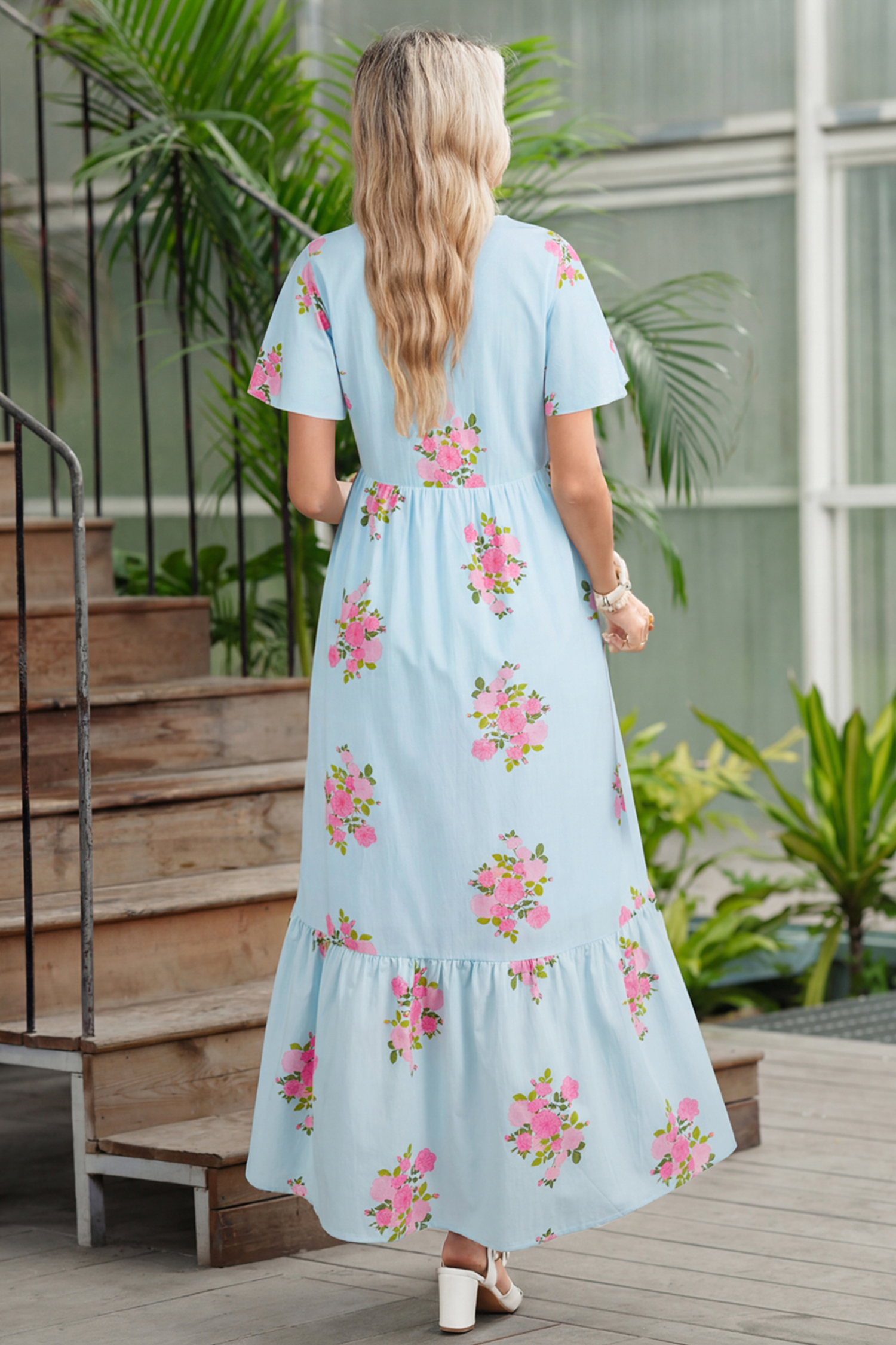 Sky Blue Notched Neck Flutter Short Sleeve Floral Print Maxi Dress view 10