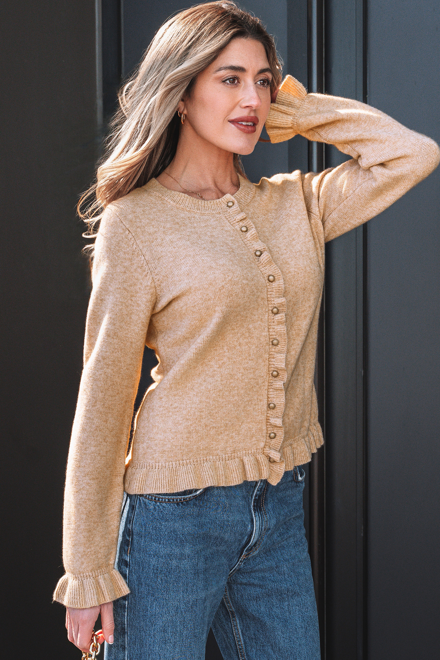 Oatmeal Ruffle Trim Gold Button Sweater Cardigan view 3