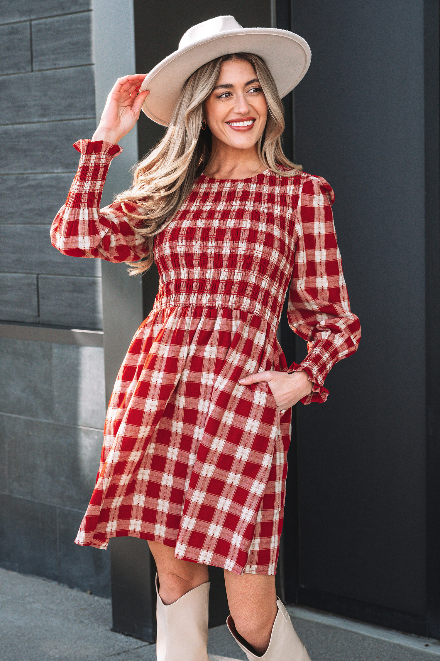 Red Plaid Print Smocked Puff Sleeve Mini Dress view 4
