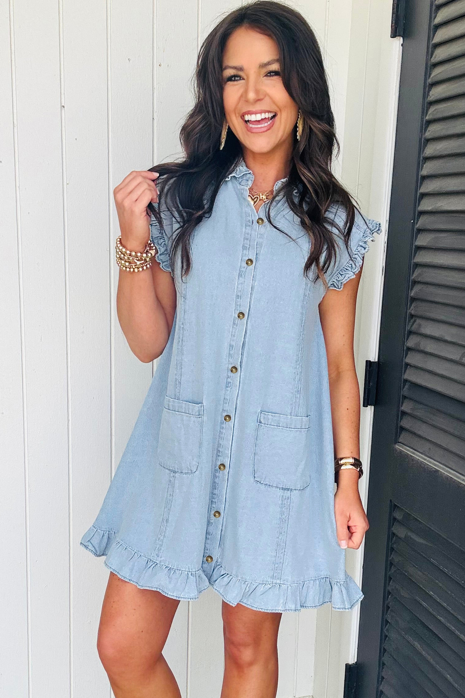 Beau Blue Ruffled Edge Collared Shift Denim Dress with Pockets view 11