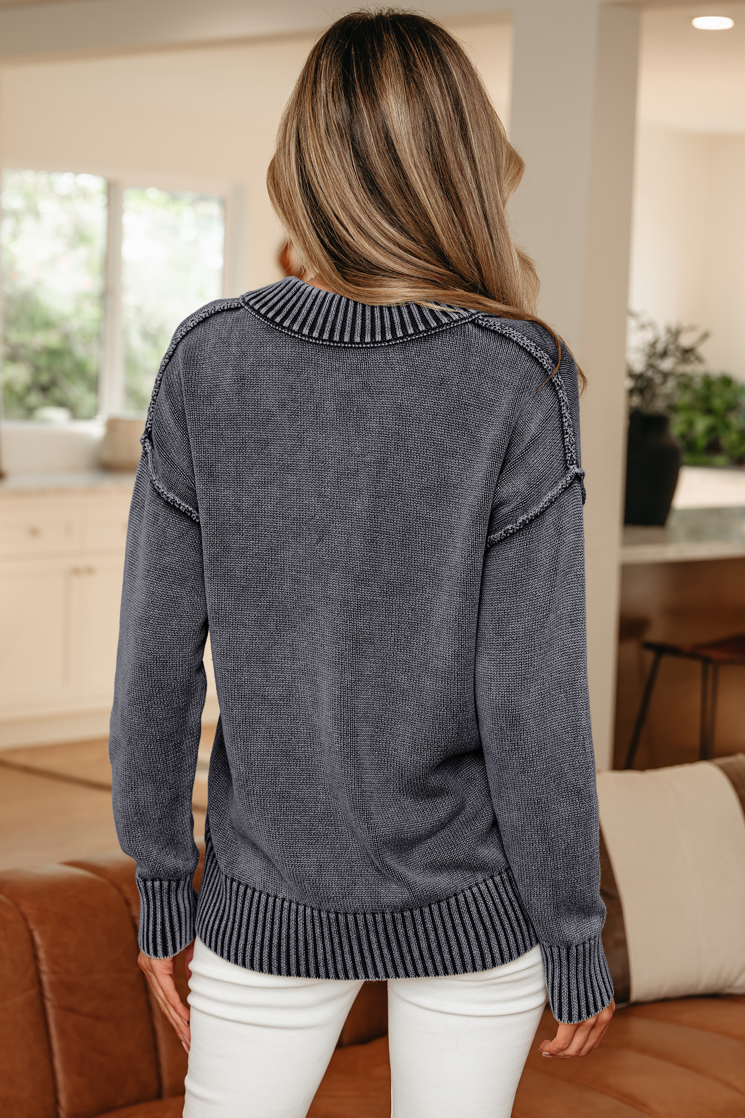 Black Mineral Wash V Neck Knit Exposed Seam Drop Shoulder Loose Sweater view 2
