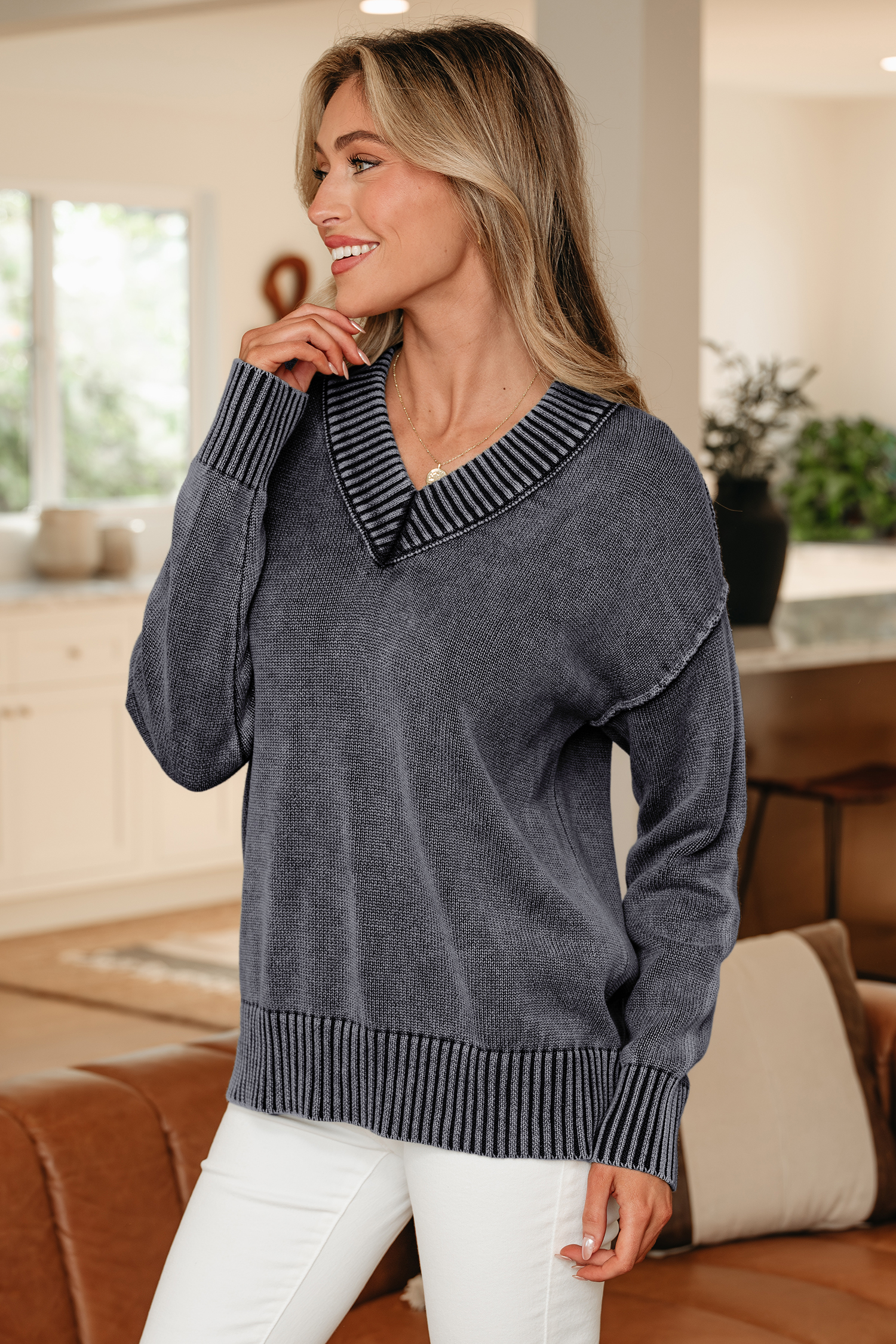 Black Mineral Wash V Neck Knit Exposed Seam Drop Shoulder Loose Sweater view 3