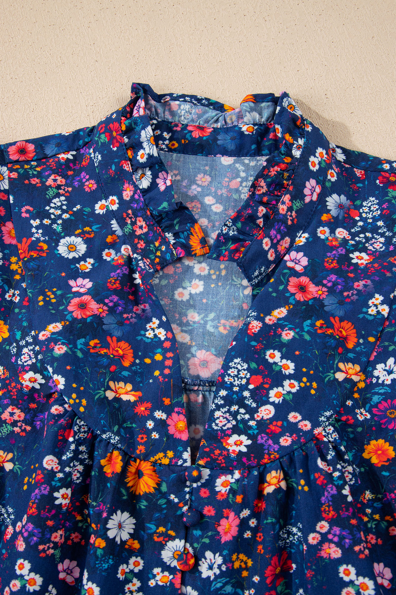 Blue Wild Daisy Floral Split Neck Short Puff Sleeve Mini Dress view 21