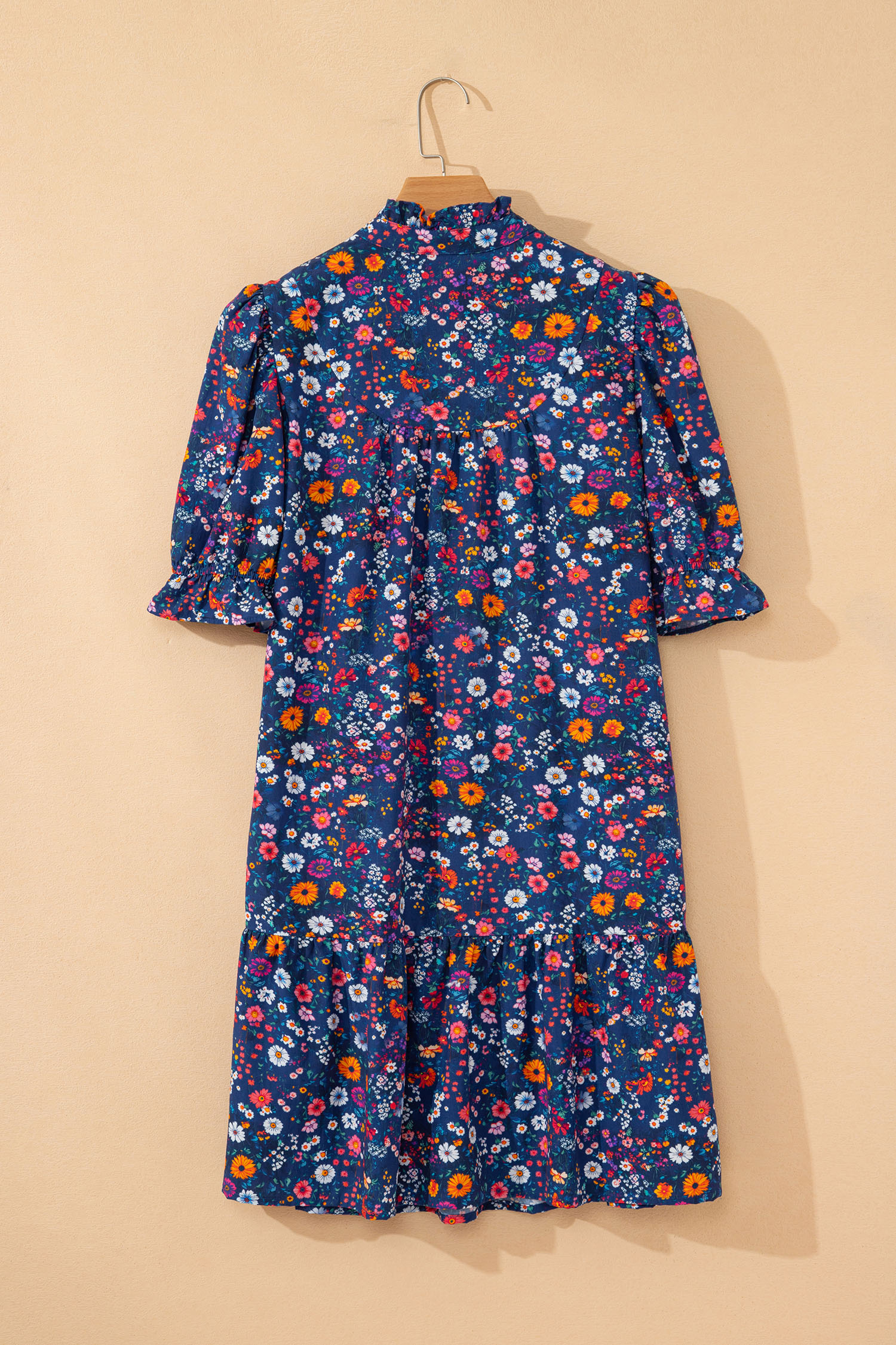 Blue Wild Daisy Floral Split Neck Short Puff Sleeve Mini Dress view 16