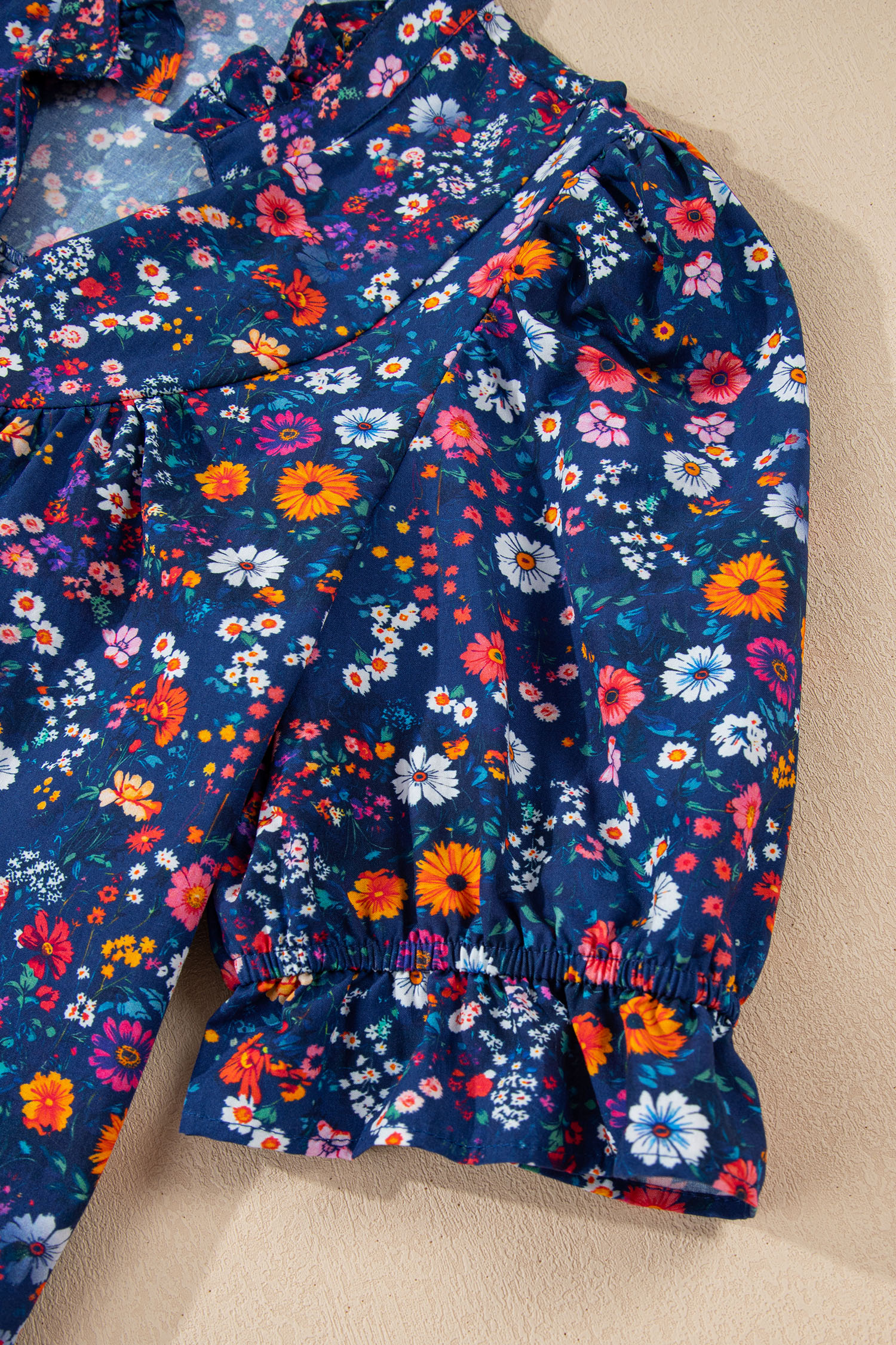 Blue Wild Daisy Floral Split Neck Short Puff Sleeve Mini Dress view 20