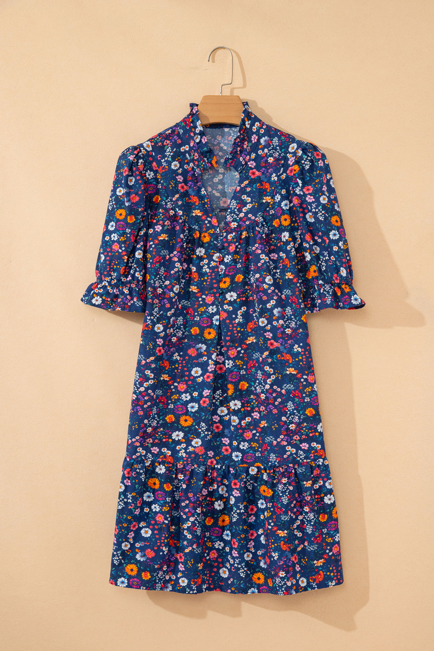 Blue Wild Daisy Floral Split Neck Short Puff Sleeve Mini Dress view 15
