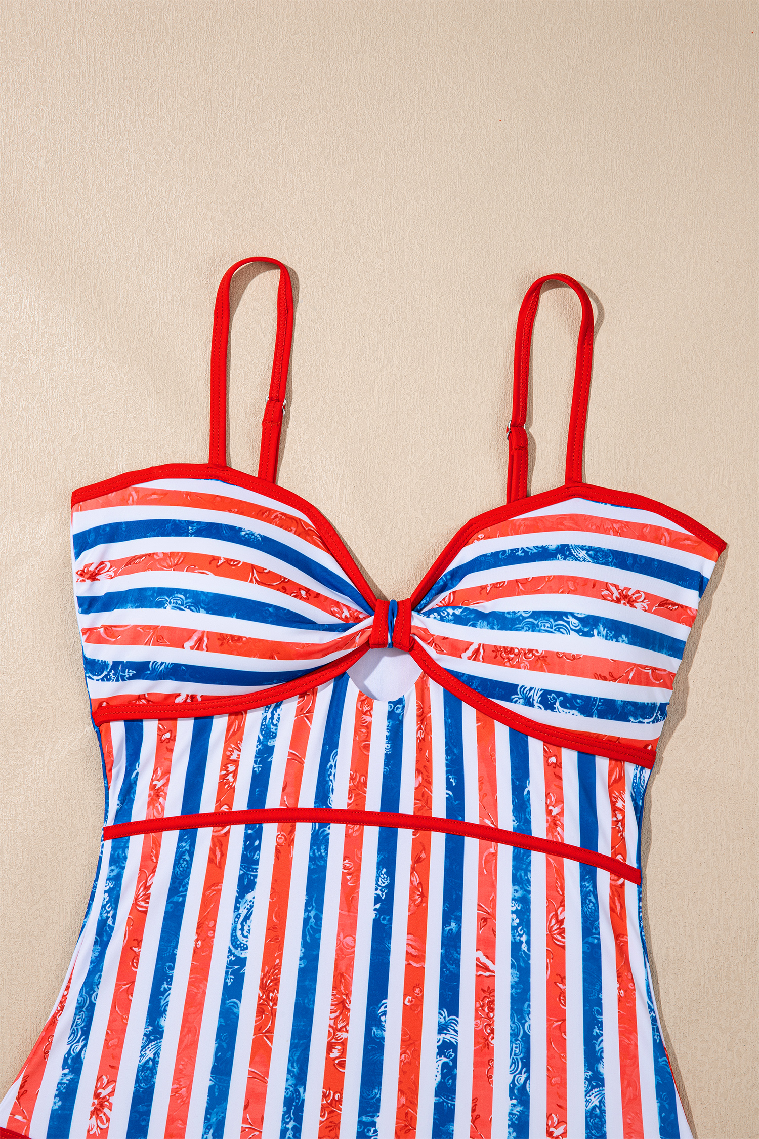 Red July 4th Stripes Impression Cutout Spaghetti Straps One Piece Swimsuit view 13