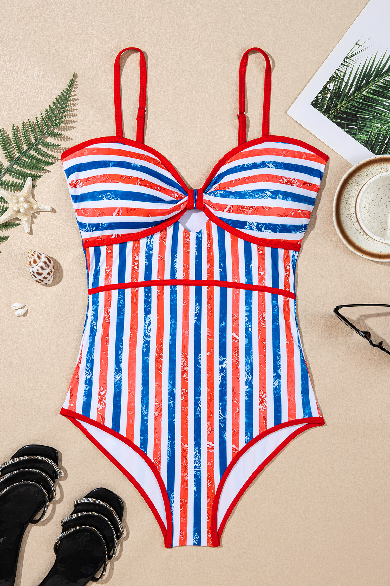Red July 4th Stripes Impression Cutout Spaghetti Straps One Piece Swimsuit view 4