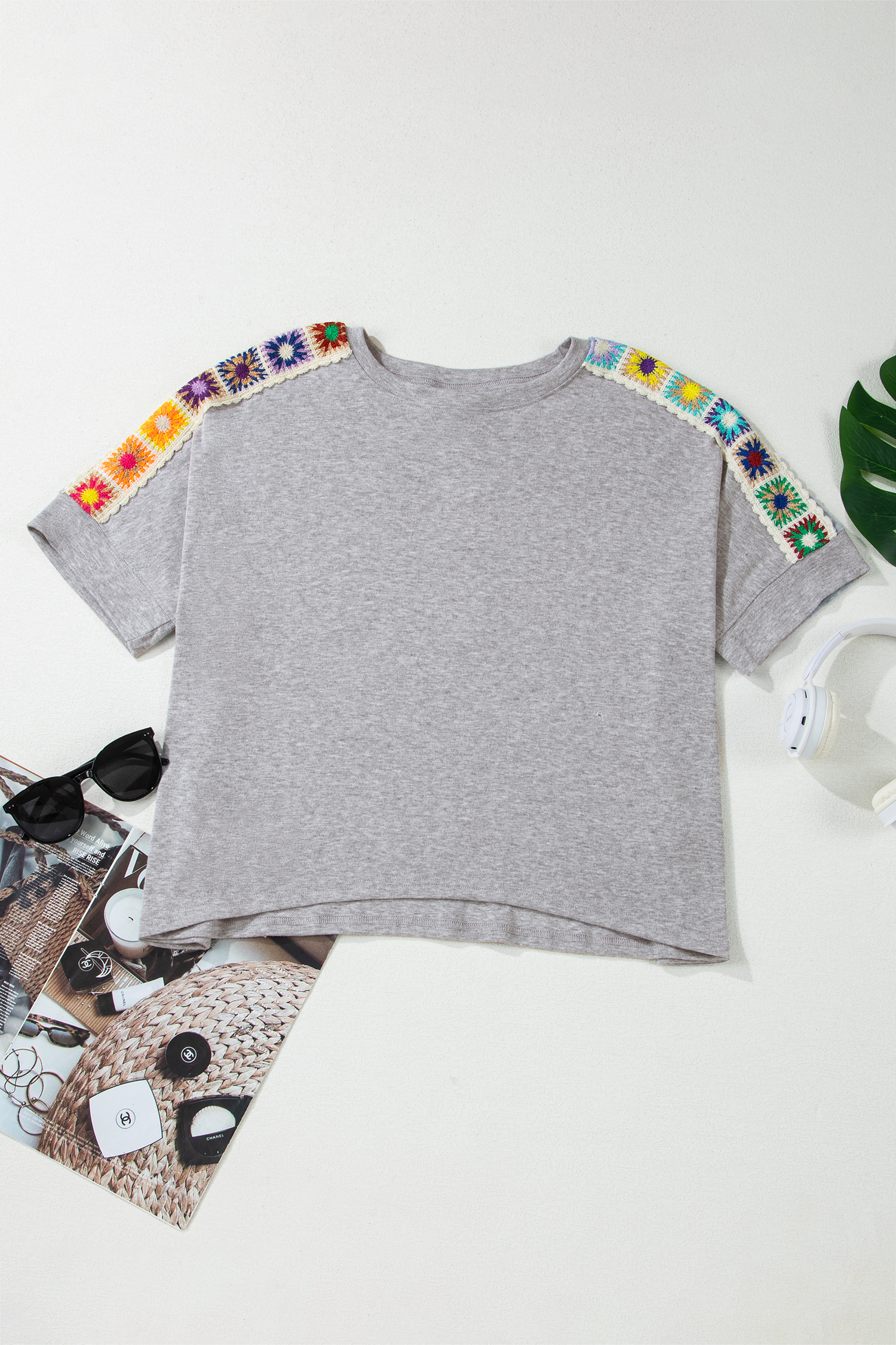 Light Grey Granny Square Crochet Detail Loose T Shirt view 5