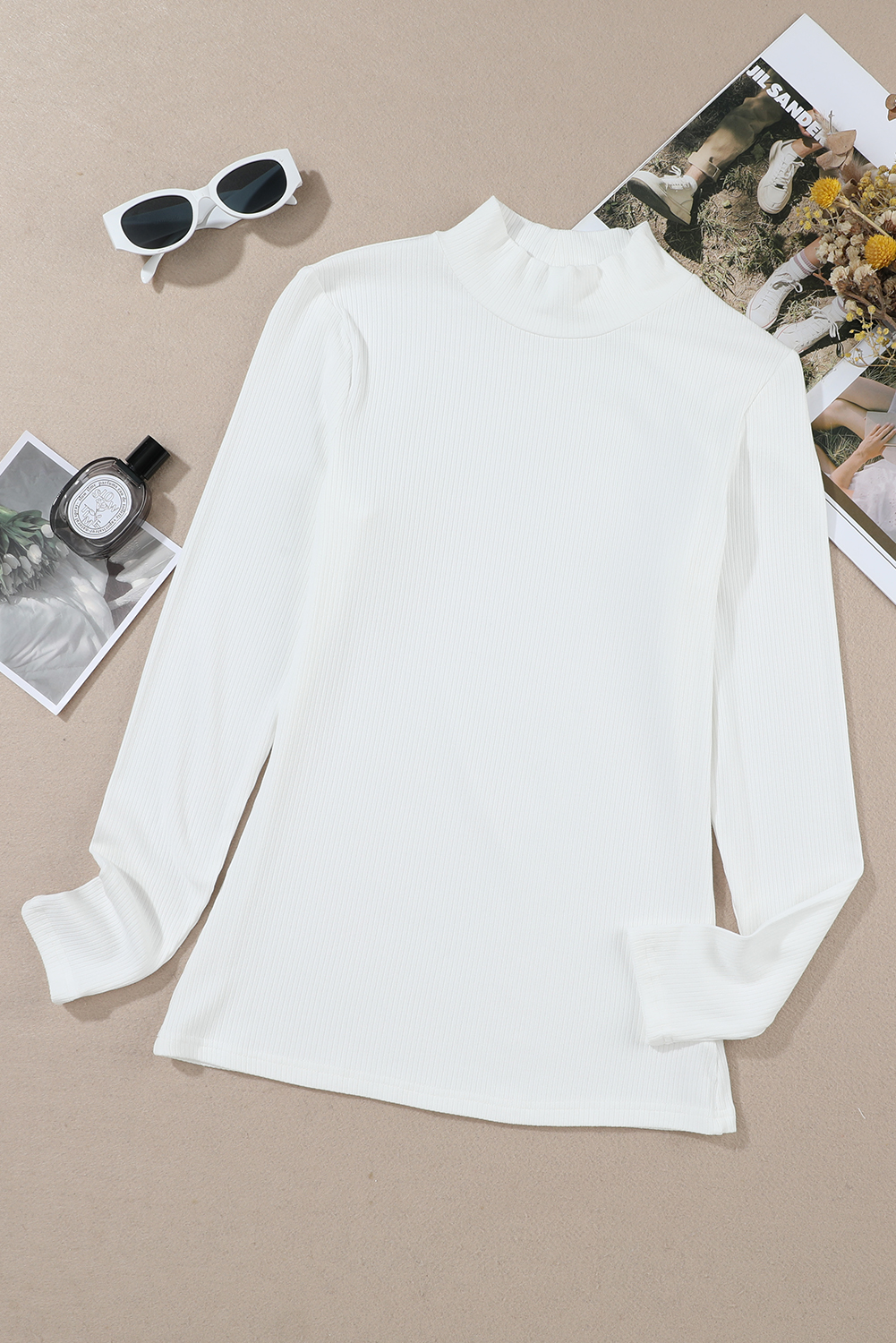 White Ribbed Knit High Neck Long Sleeve Top view 4