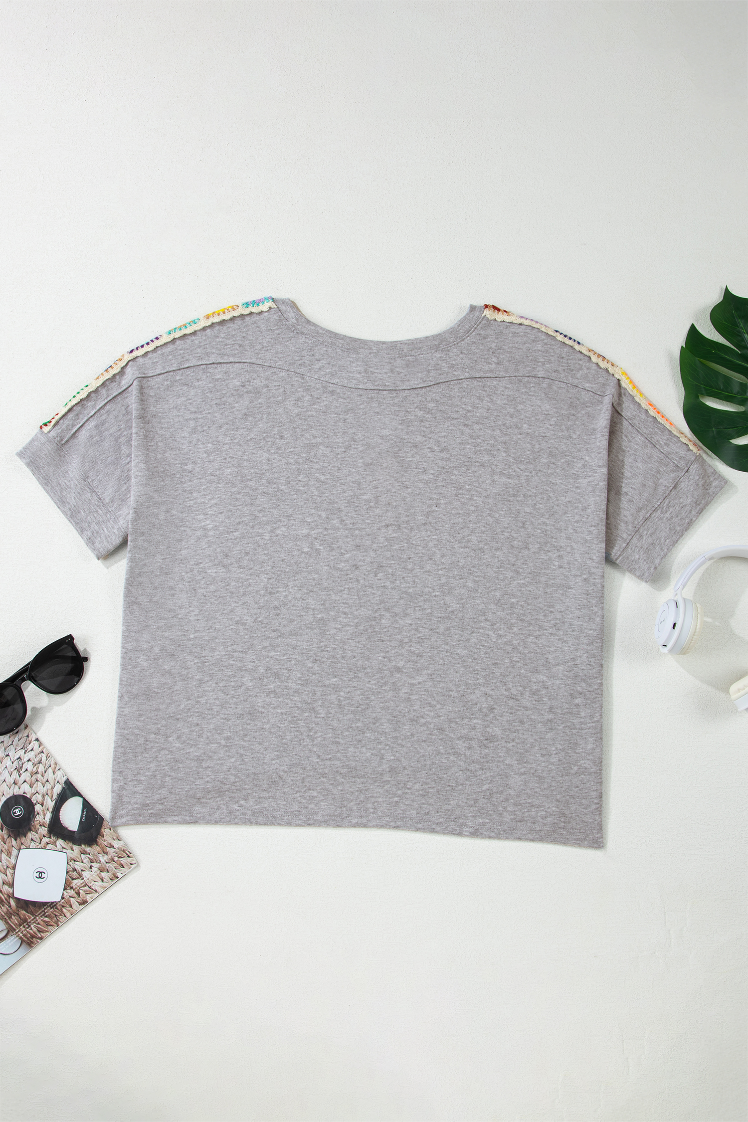Light Grey Granny Square Crochet Detail Loose T Shirt view 6