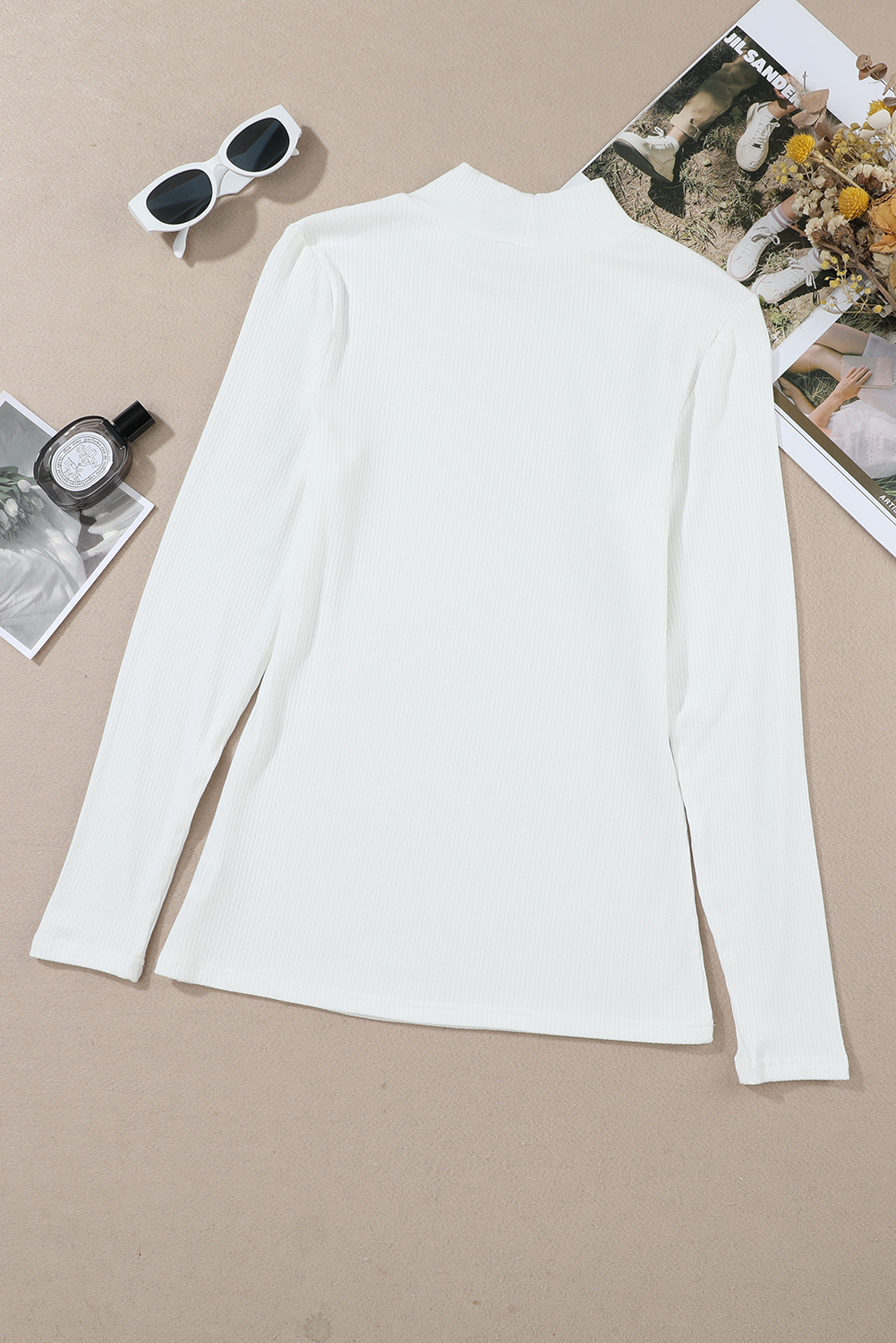 White Ribbed Knit High Neck Long Sleeve Top view 5