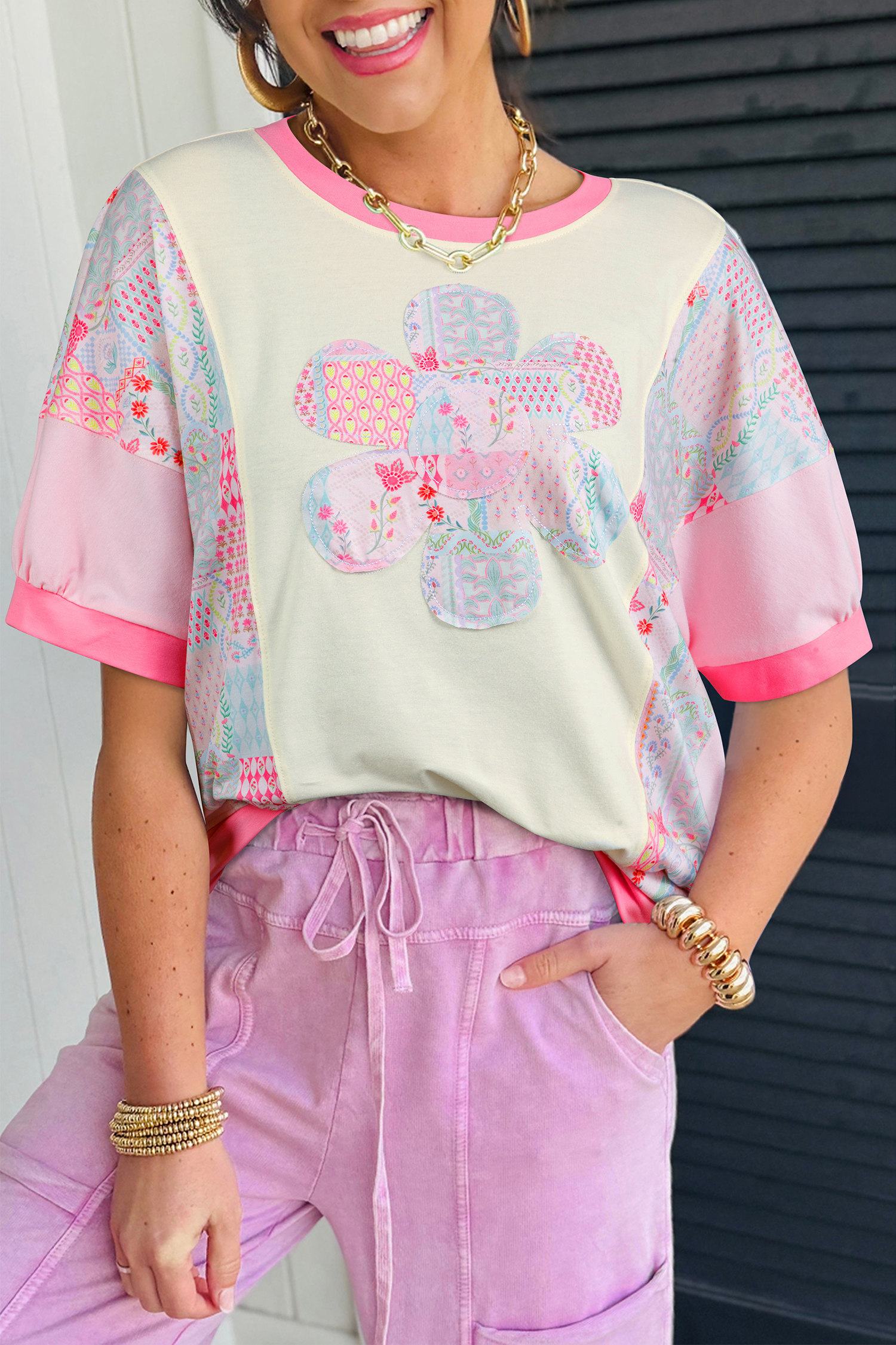Beige Color Block Floral Patchwork Big Flower Accent Relaxed Top view 9