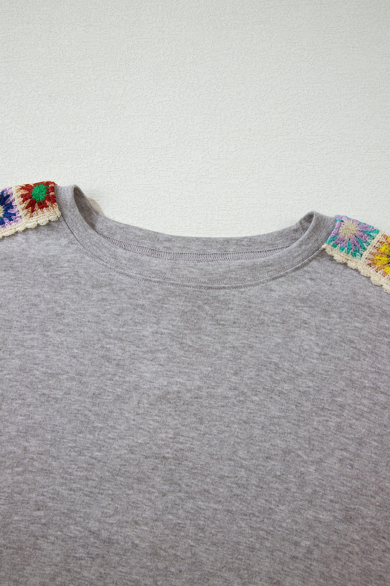 Light Grey Granny Square Crochet Detail Loose T Shirt view 7
