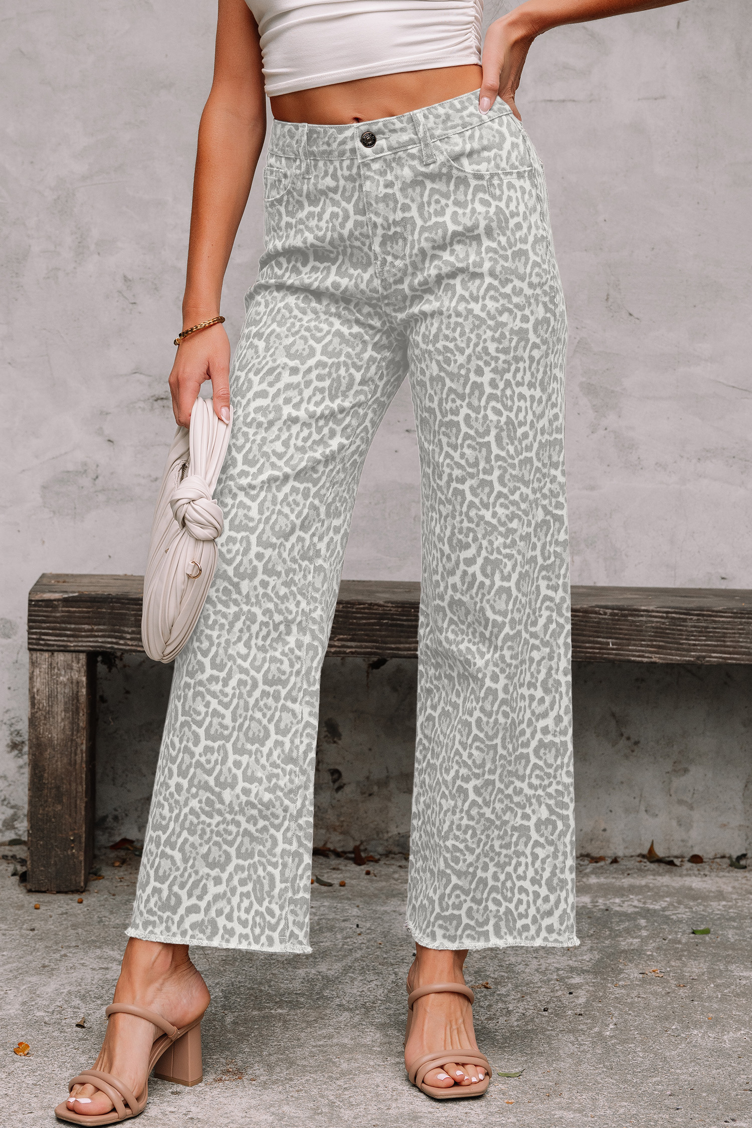 Gray Leopard Frayed Edge Wide Leg High Waist Jeans view 4