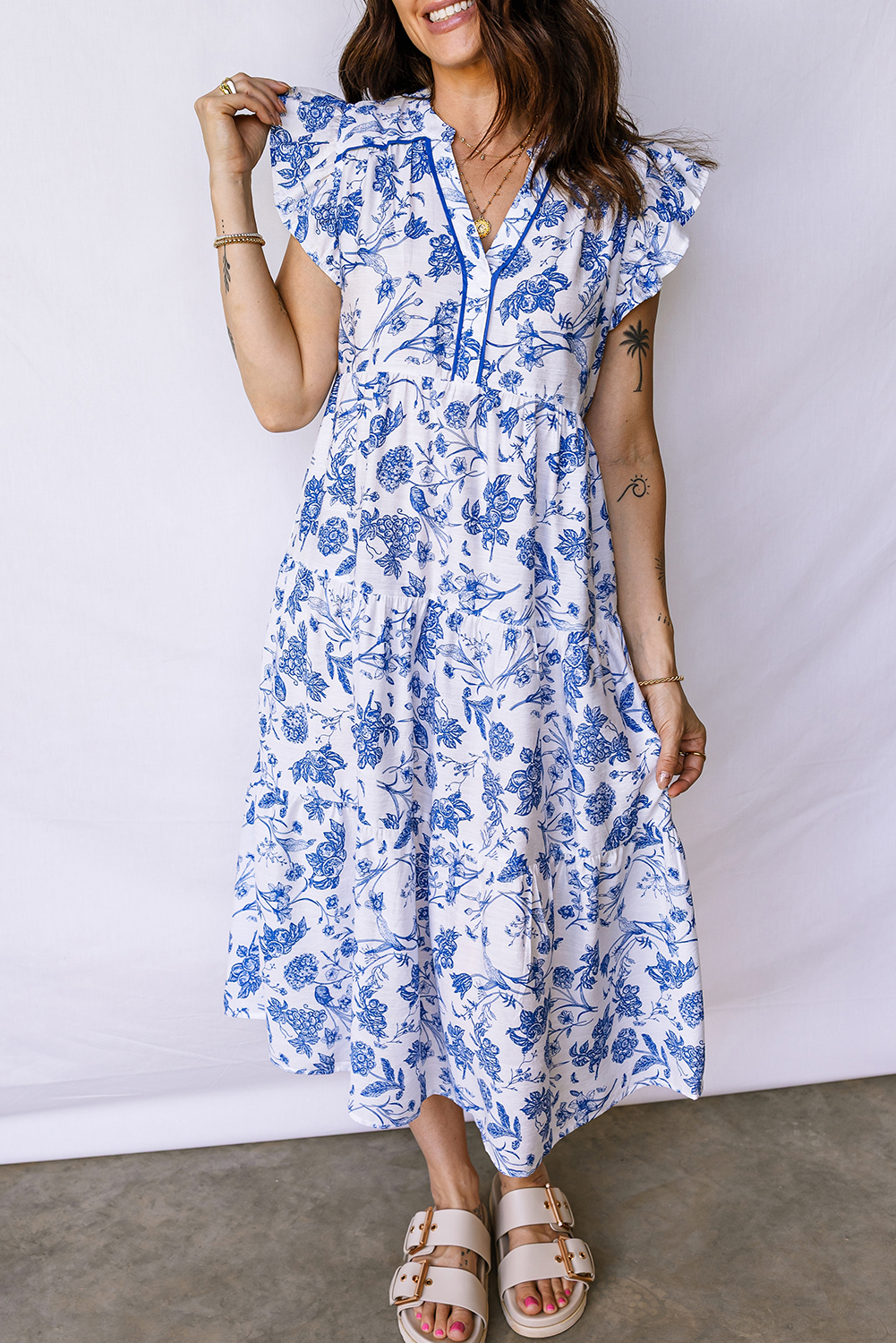 Blue Ruffled Short Sleeve Tiered Floral Midi Dress view 7