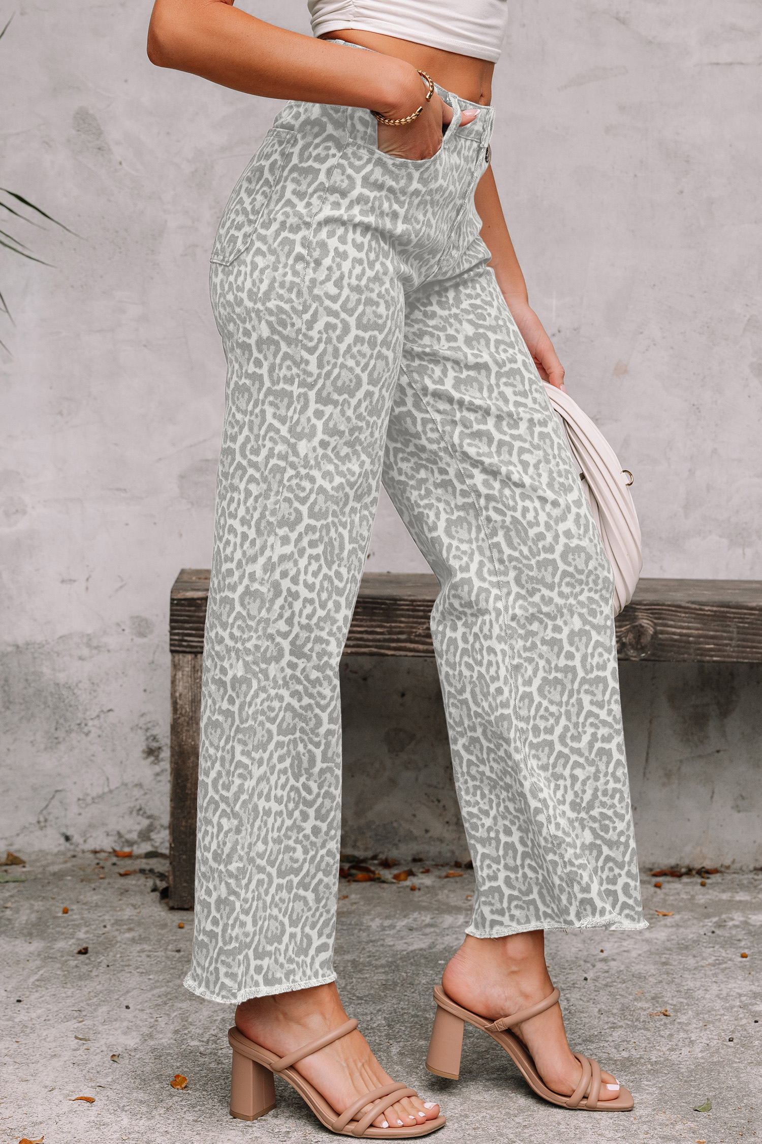 Gray Leopard Frayed Edge Wide Leg High Waist Jeans view 8