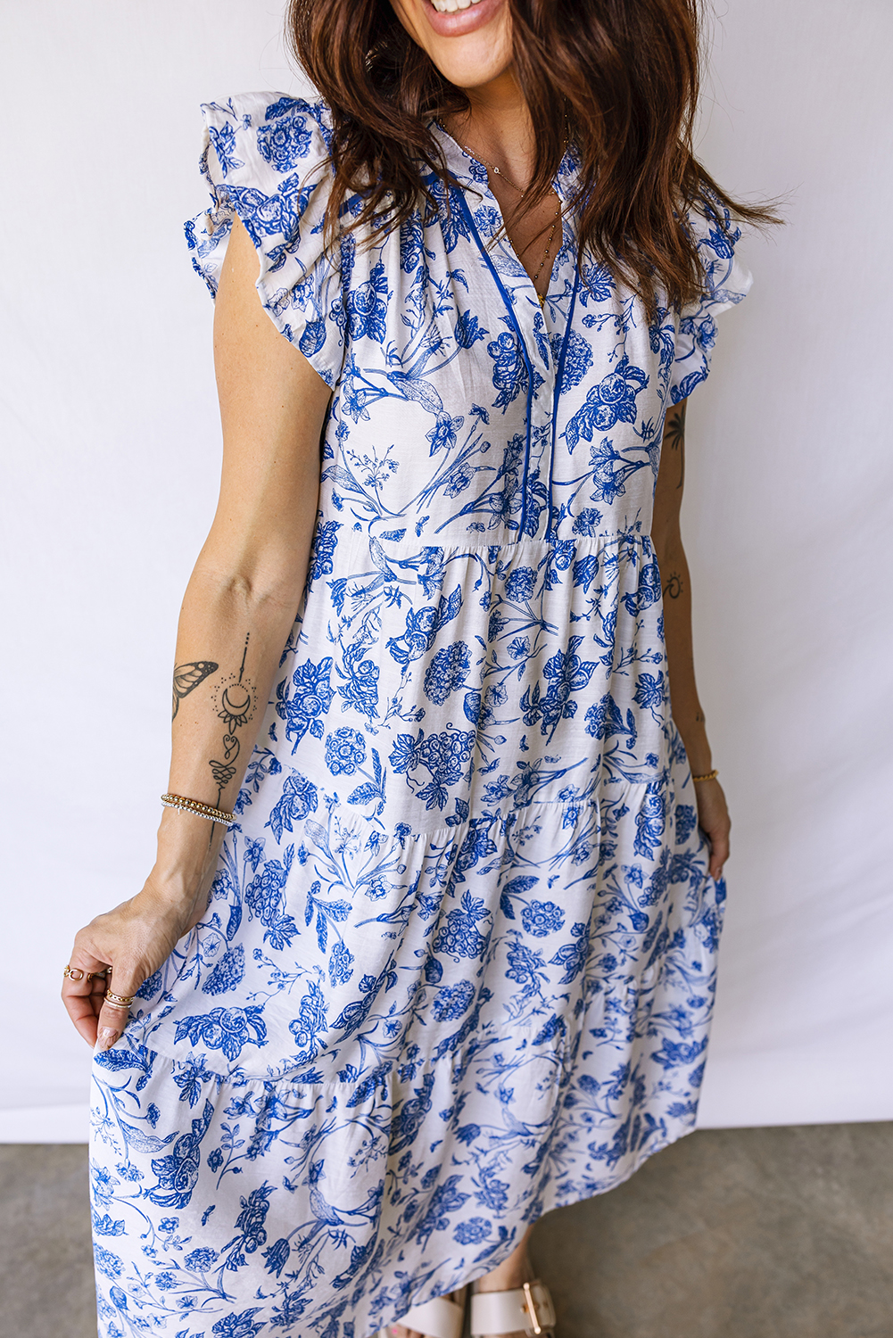 Blue Ruffled Short Sleeve Tiered Floral Midi Dress view 10