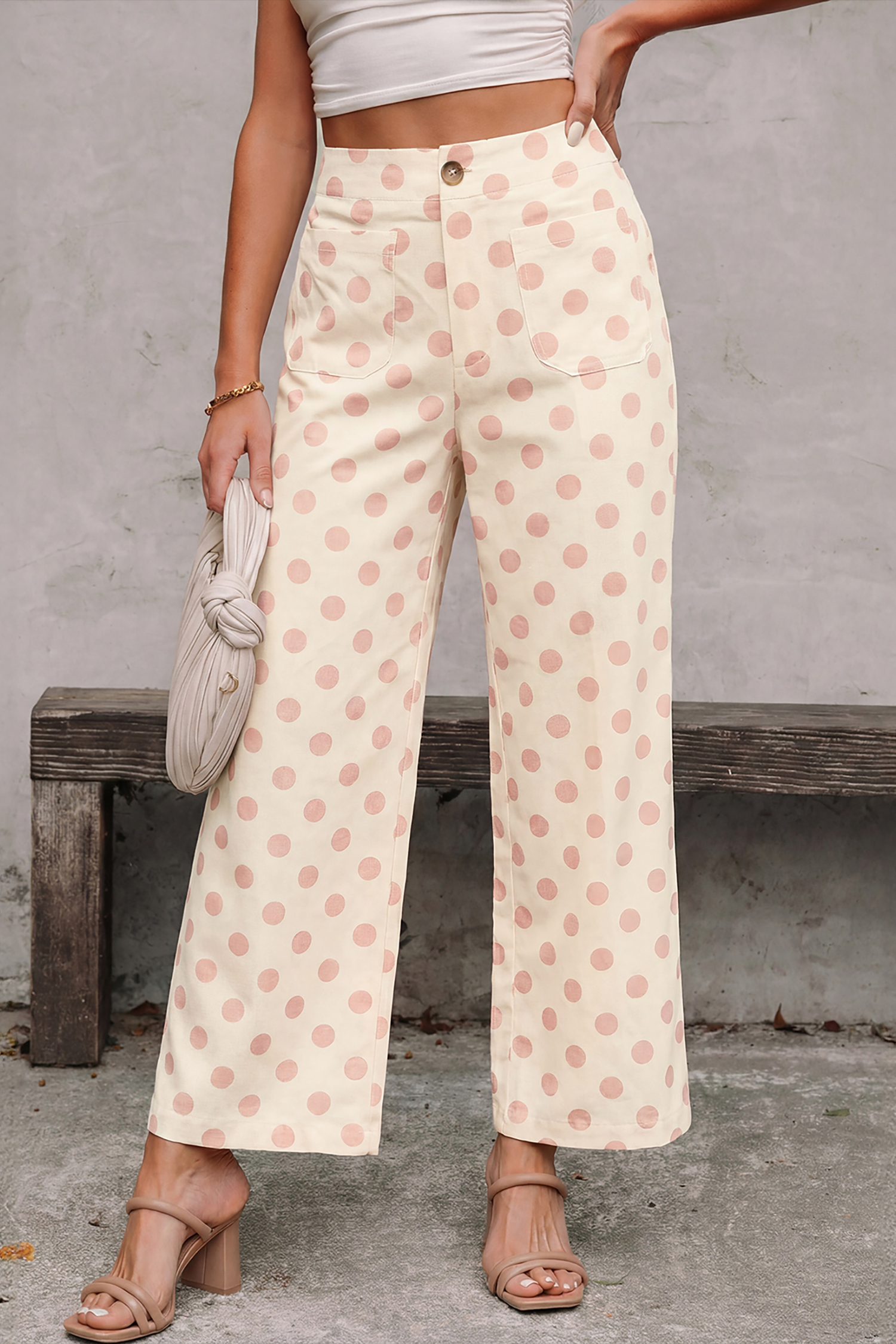 White Polka Dot Print Patched Pocket Mid-rise Straight Leg Pants view 2