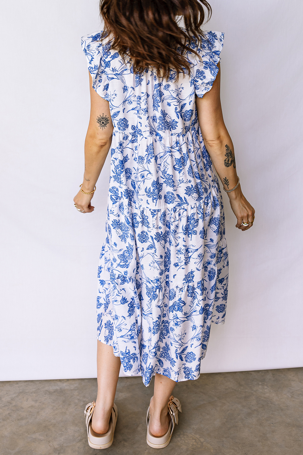 Blue Ruffled Short Sleeve Tiered Floral Midi Dress view 4
