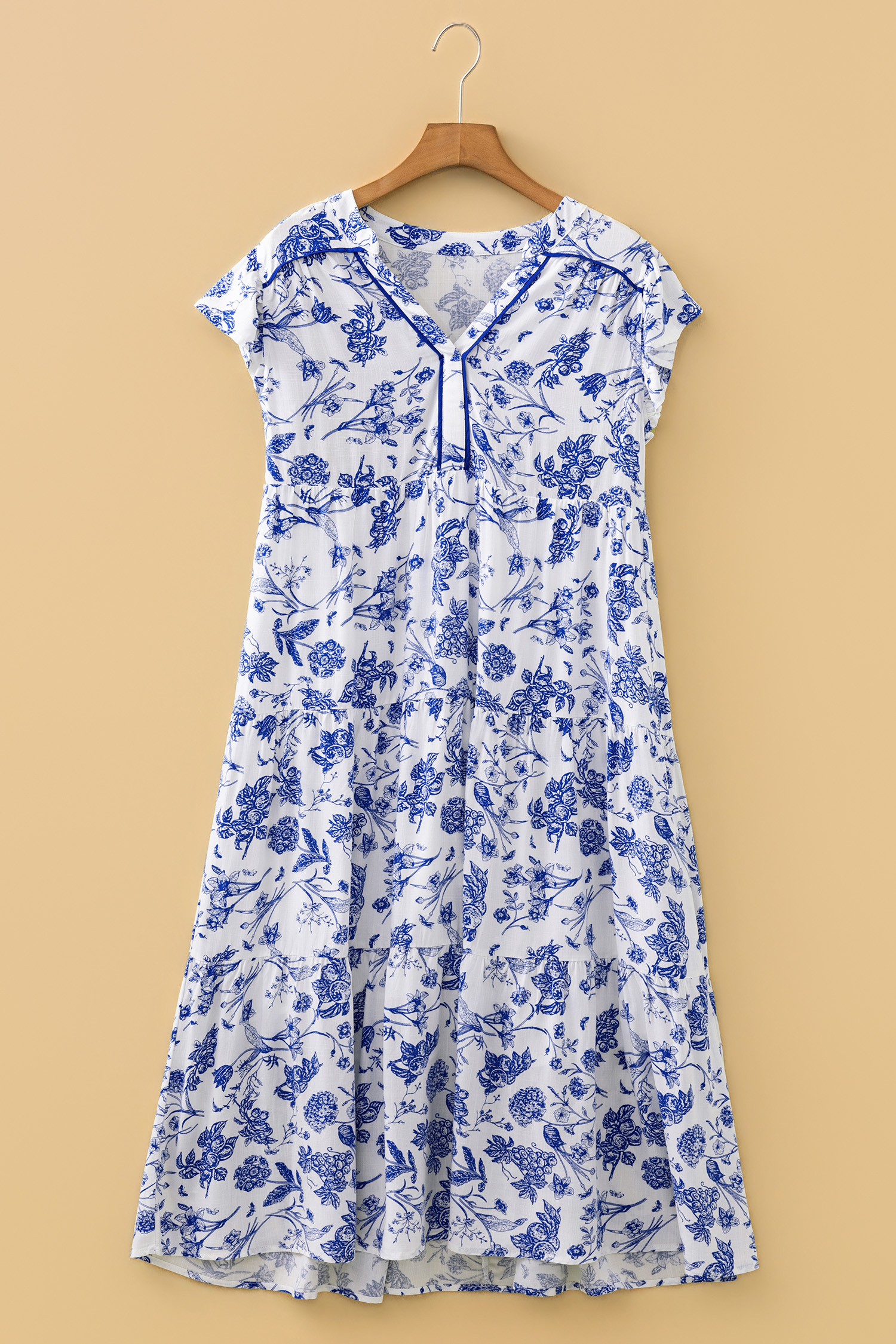 Blue Ruffled Short Sleeve Tiered Floral Midi Dress view 15