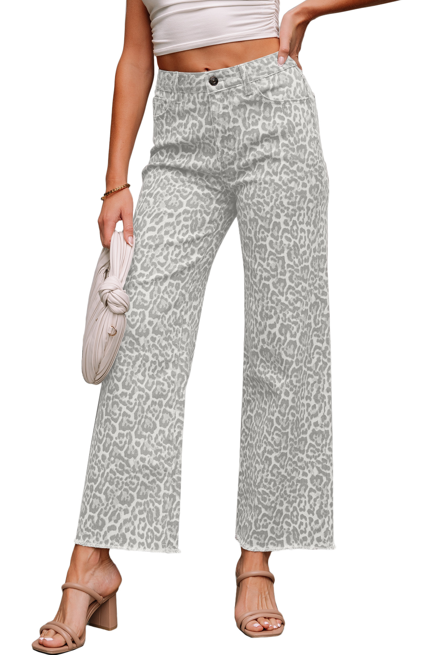 Gray Leopard Frayed Edge Wide Leg High Waist Jeans view 28
