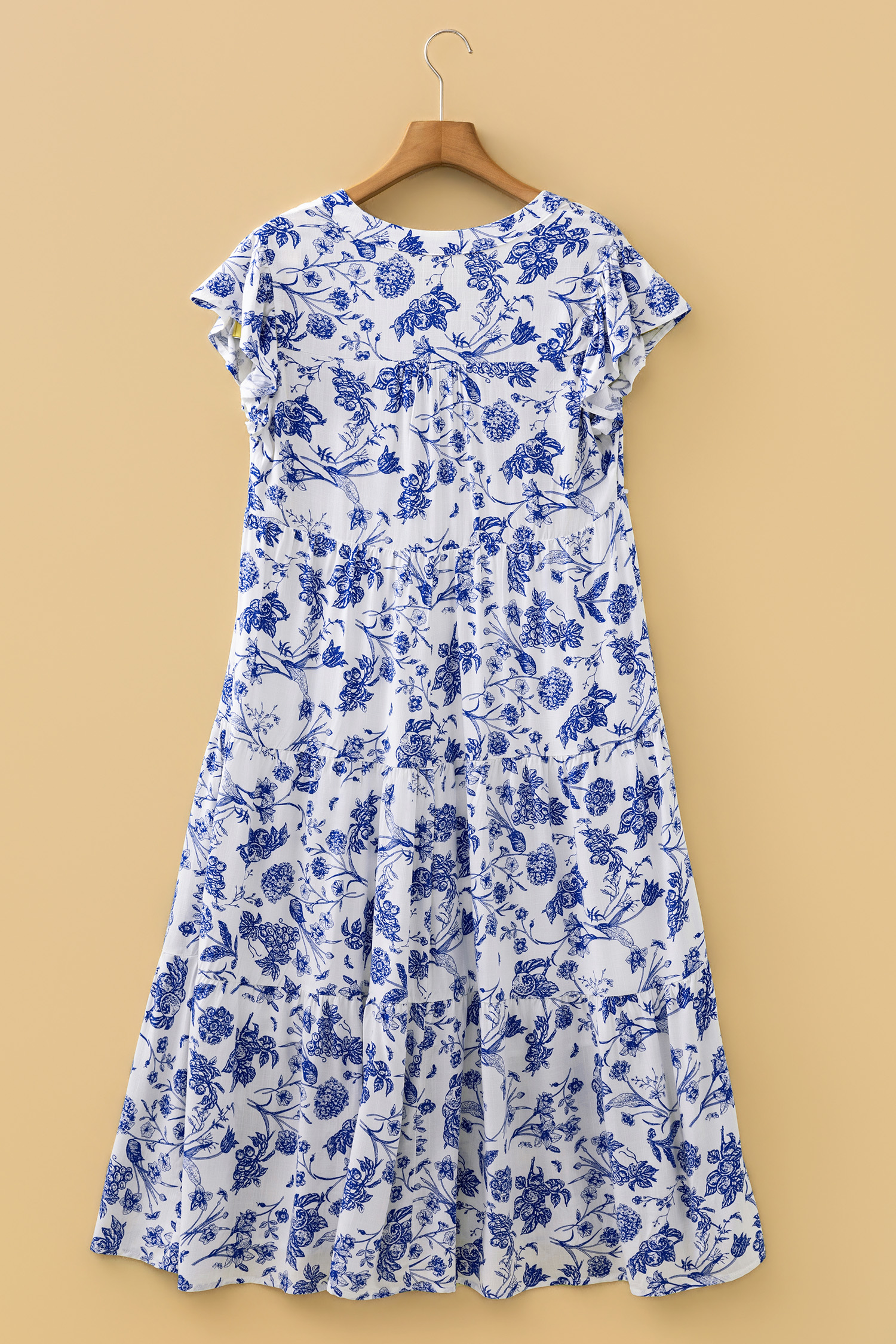 Blue Ruffled Short Sleeve Tiered Floral Midi Dress view 16