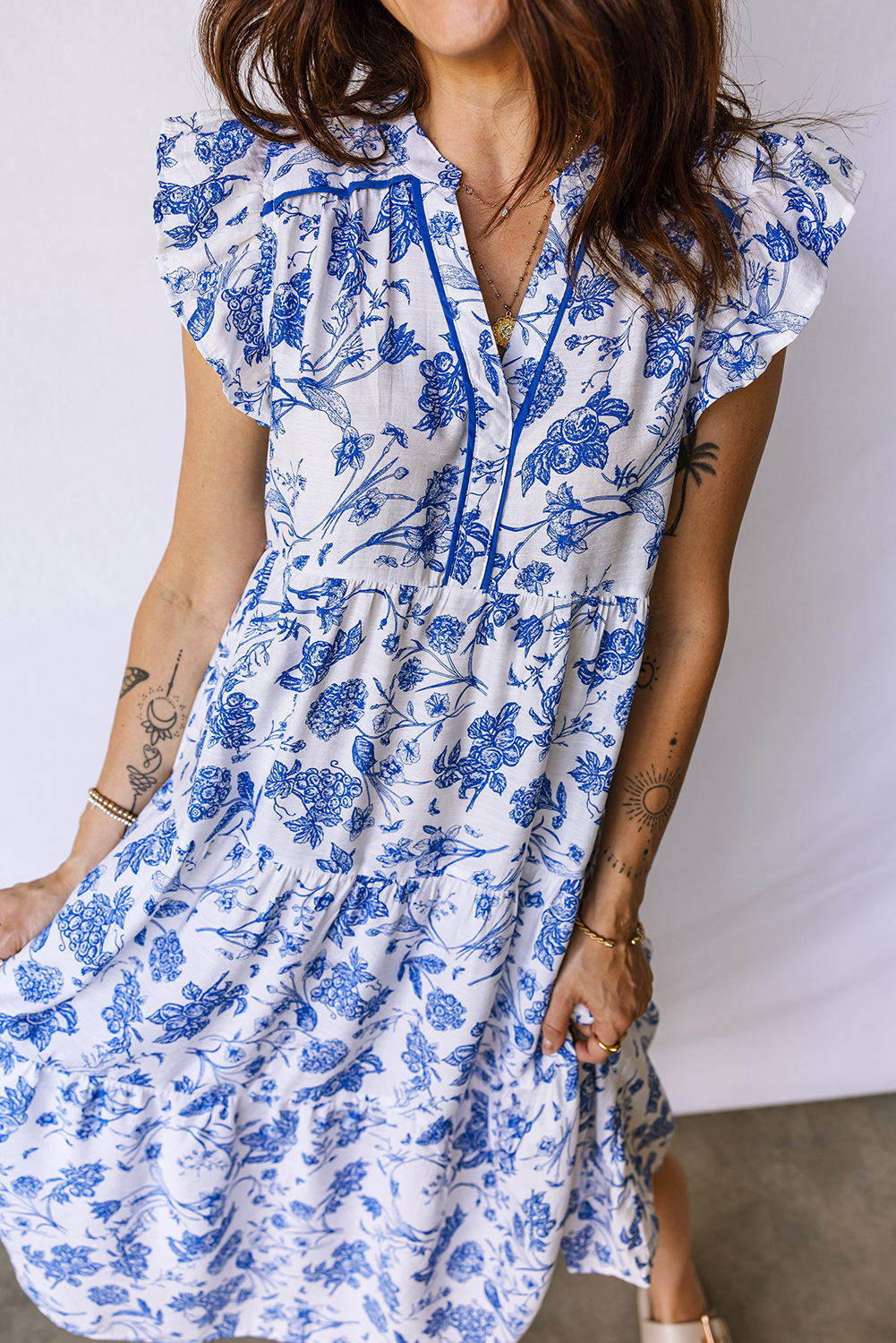 Blue Ruffled Short Sleeve Tiered Floral Midi Dress view 6