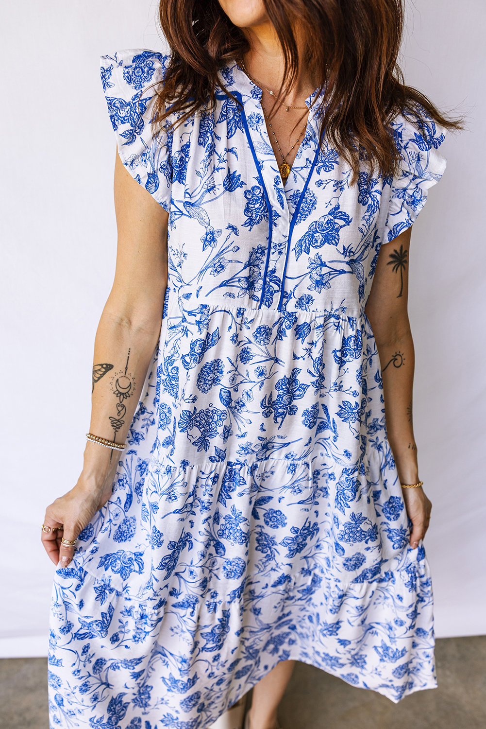 Blue Ruffled Short Sleeve Tiered Floral Midi Dress view 12