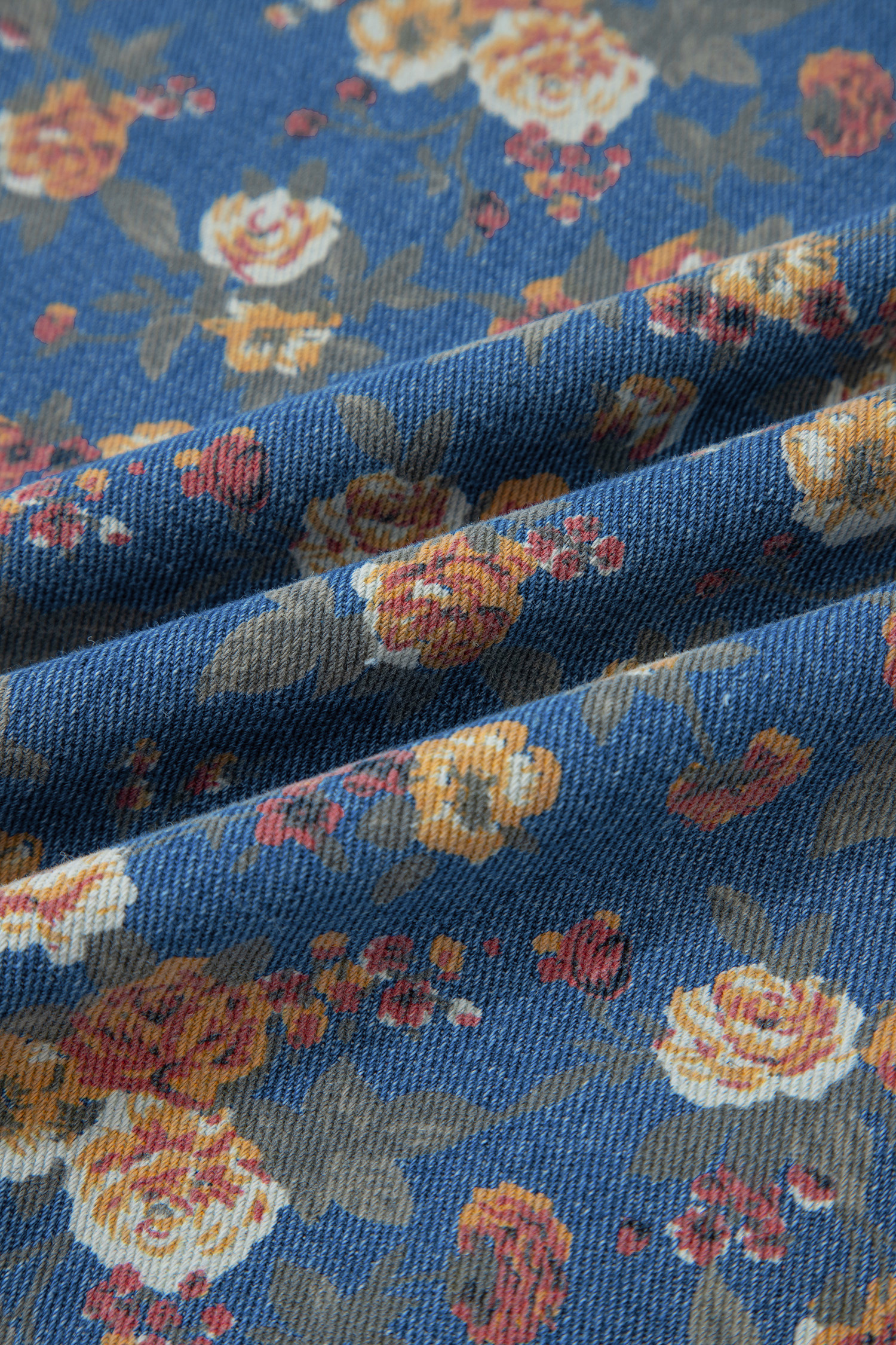 Blue Vintage Rose Printed Pleated Loose Denim Overall Jumpsuit view 13