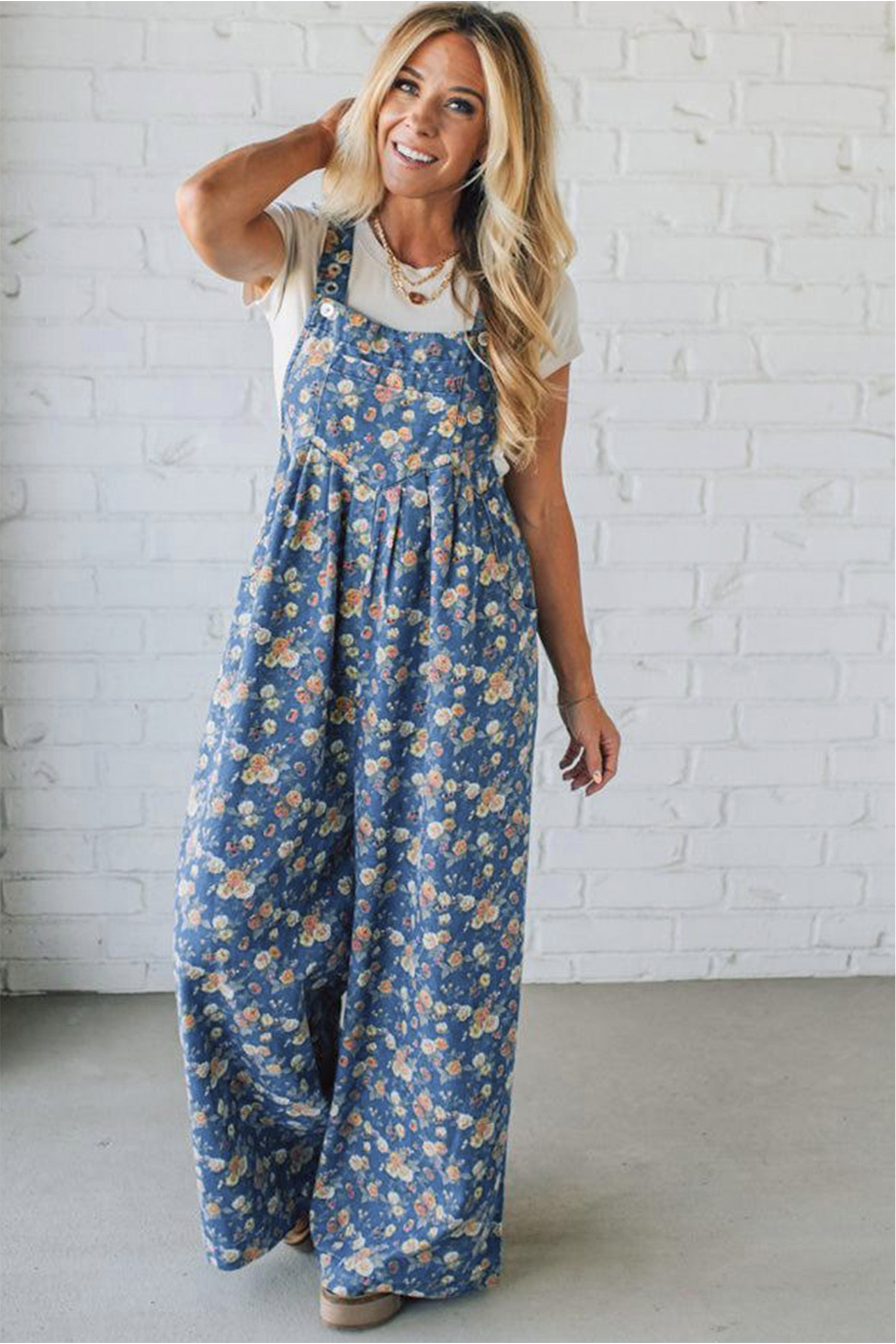 Blue Vintage Rose Printed Pleated Loose Denim Overall Jumpsuit view 5